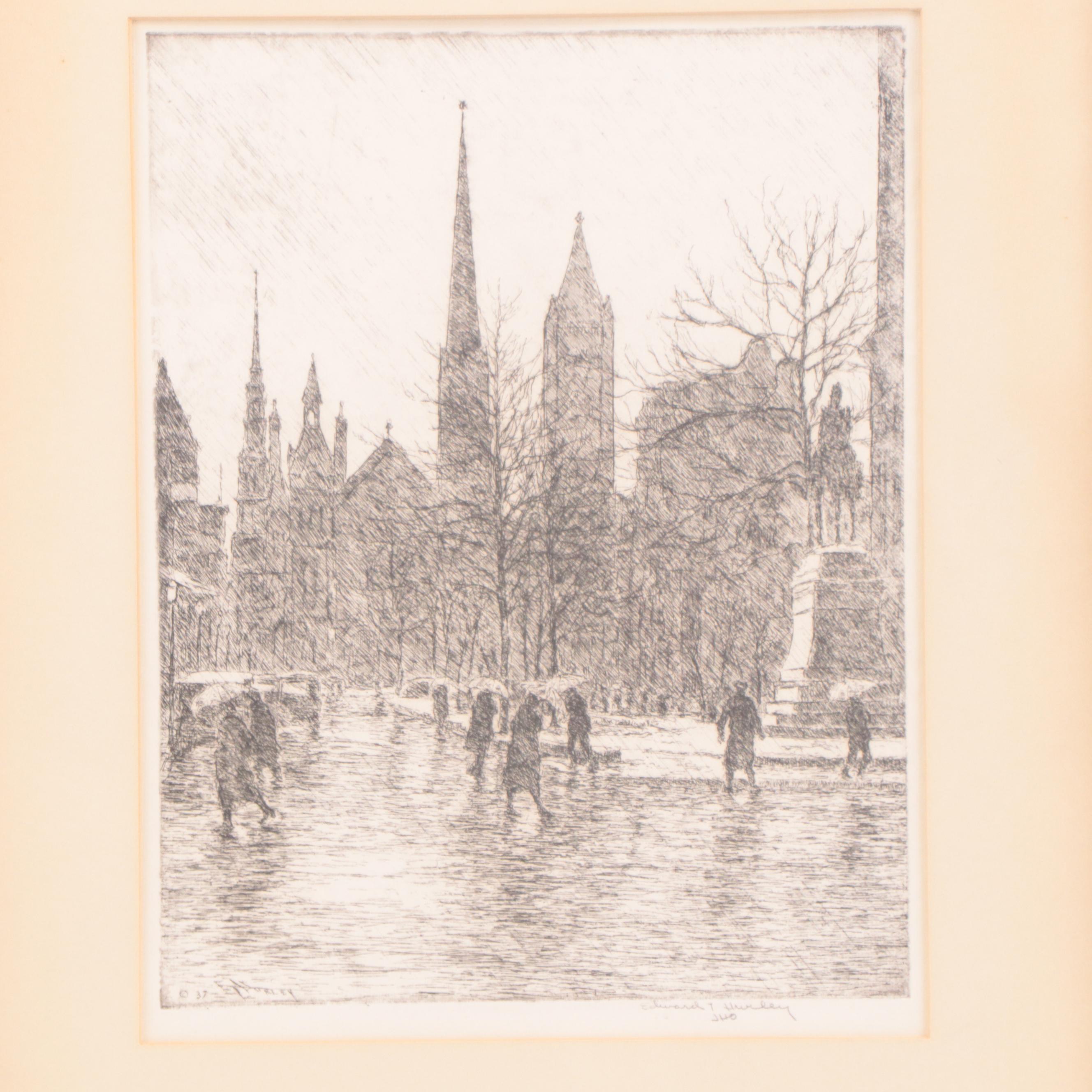 Edward T. Hurley Etching of Cincinnati "8th Street in the Rain," Circa 1937