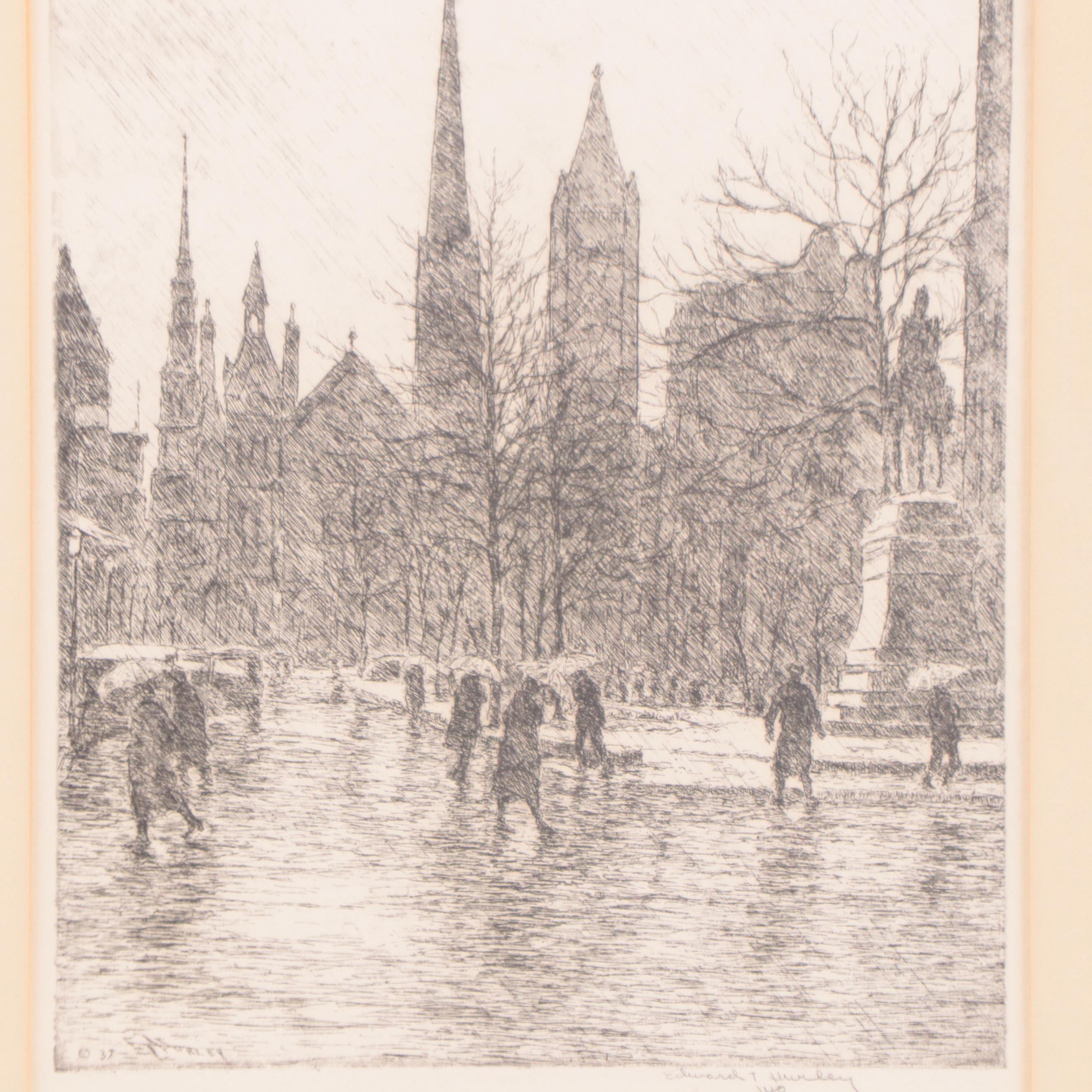 Edward T. Hurley Etching of Cincinnati "8th Street in the Rain," Circa 1937