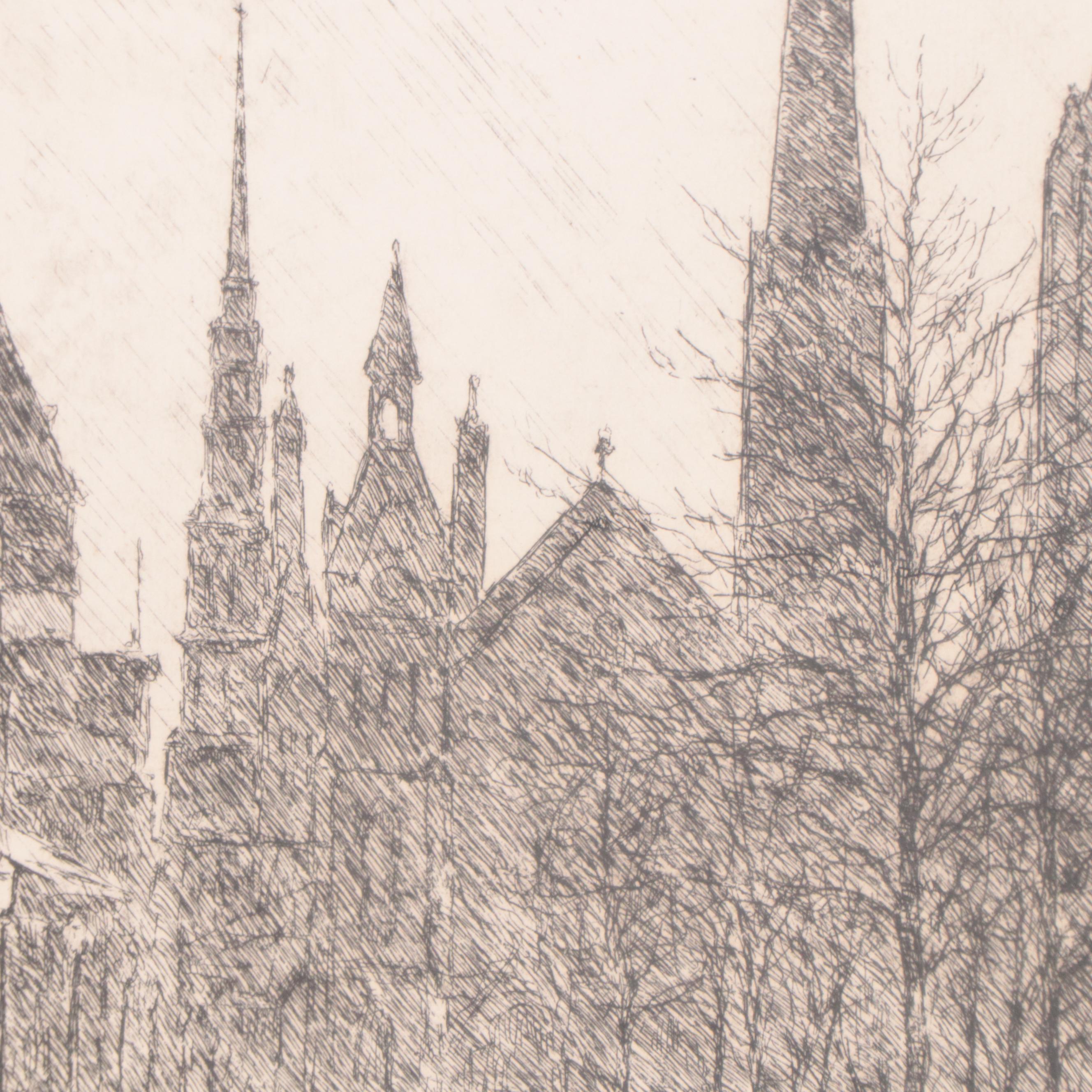 Edward T. Hurley Etching of Cincinnati "8th Street in the Rain," Circa 1937