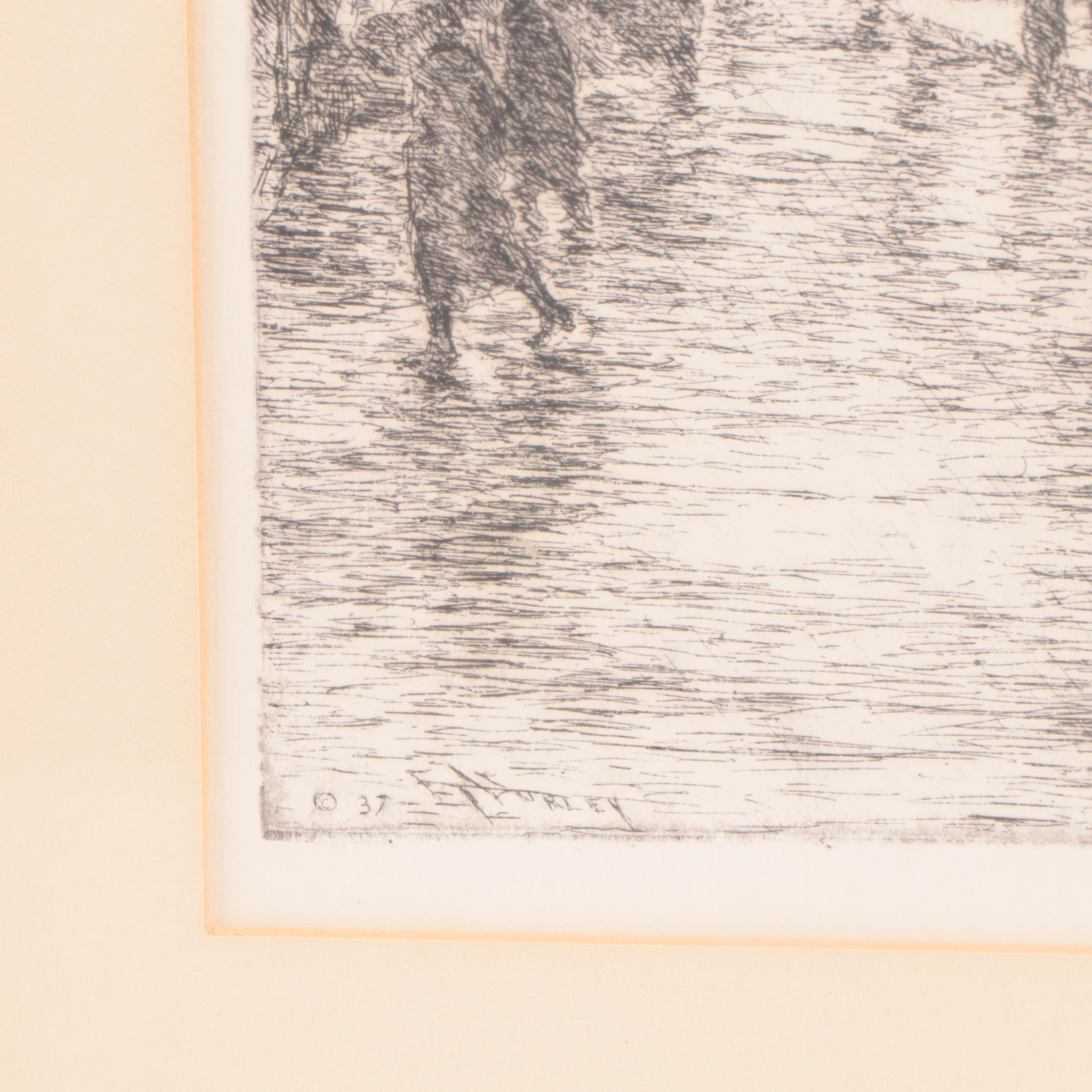 Edward T. Hurley Etching of Cincinnati "8th Street in the Rain," Circa 1937