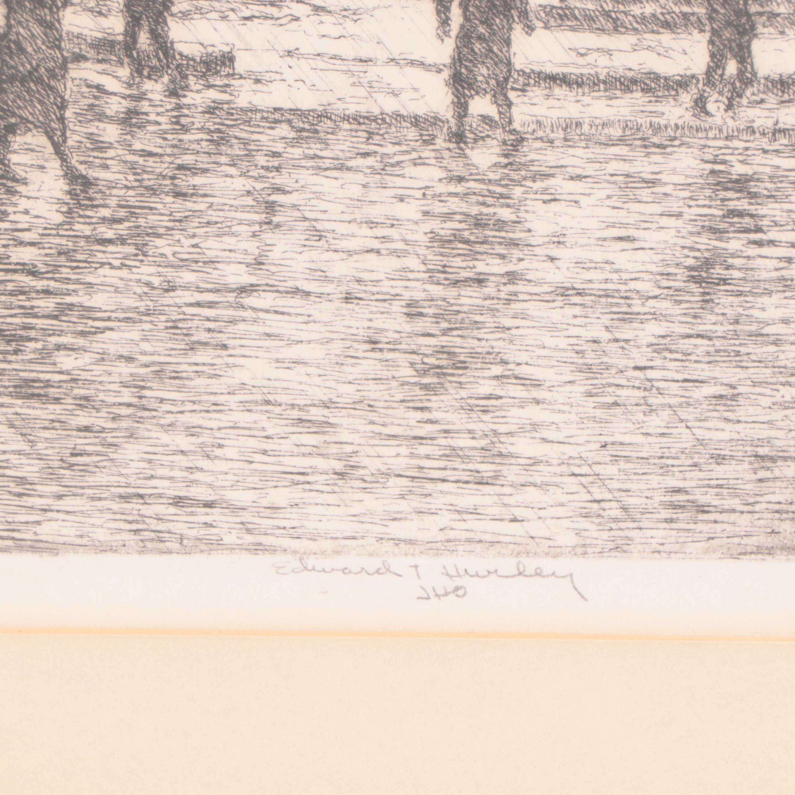 Edward T. Hurley Etching of Cincinnati "8th Street in the Rain," Circa 1937