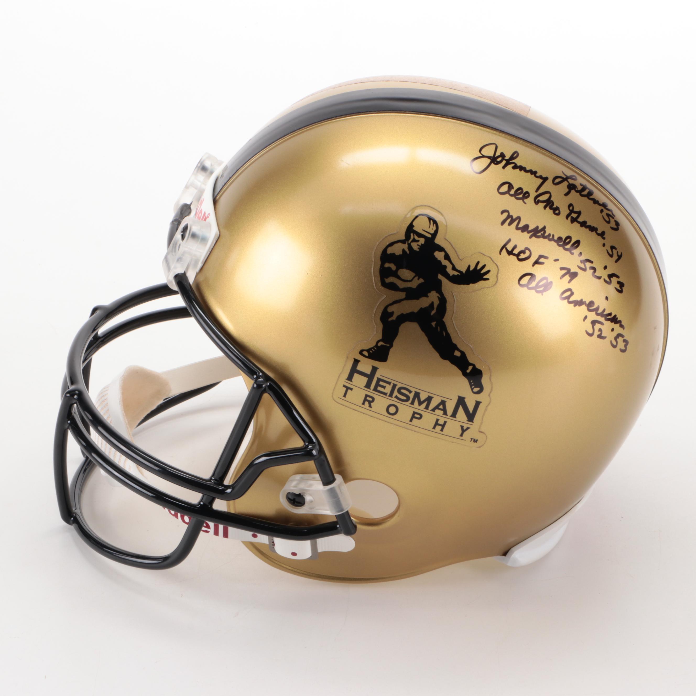 Johnny Lattner Signed Heisman Trophy Full Size Replica Riddell Football Helmet