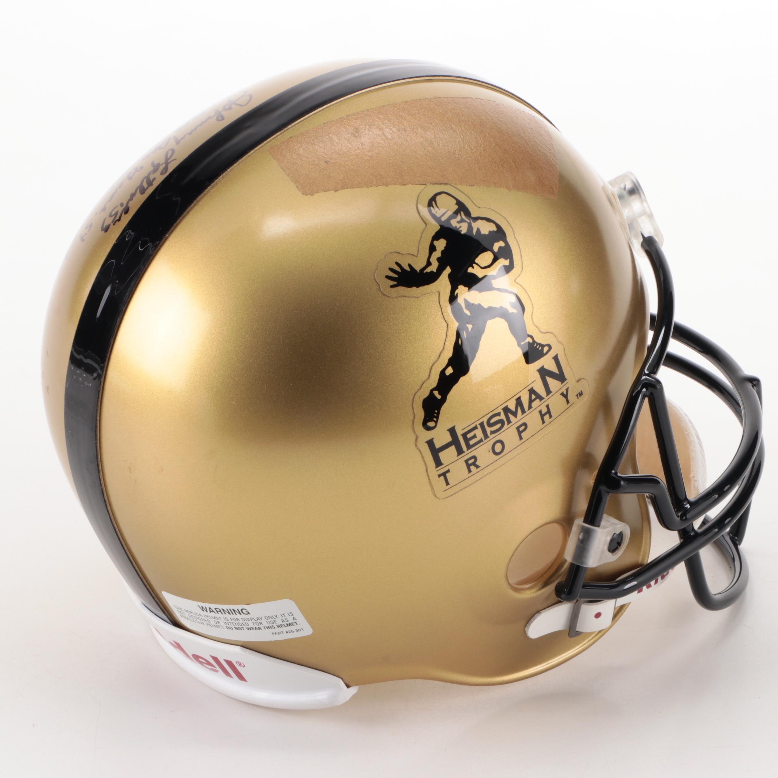 Johnny Lattner Signed Heisman Trophy Full Size Replica Riddell Football Helmet
