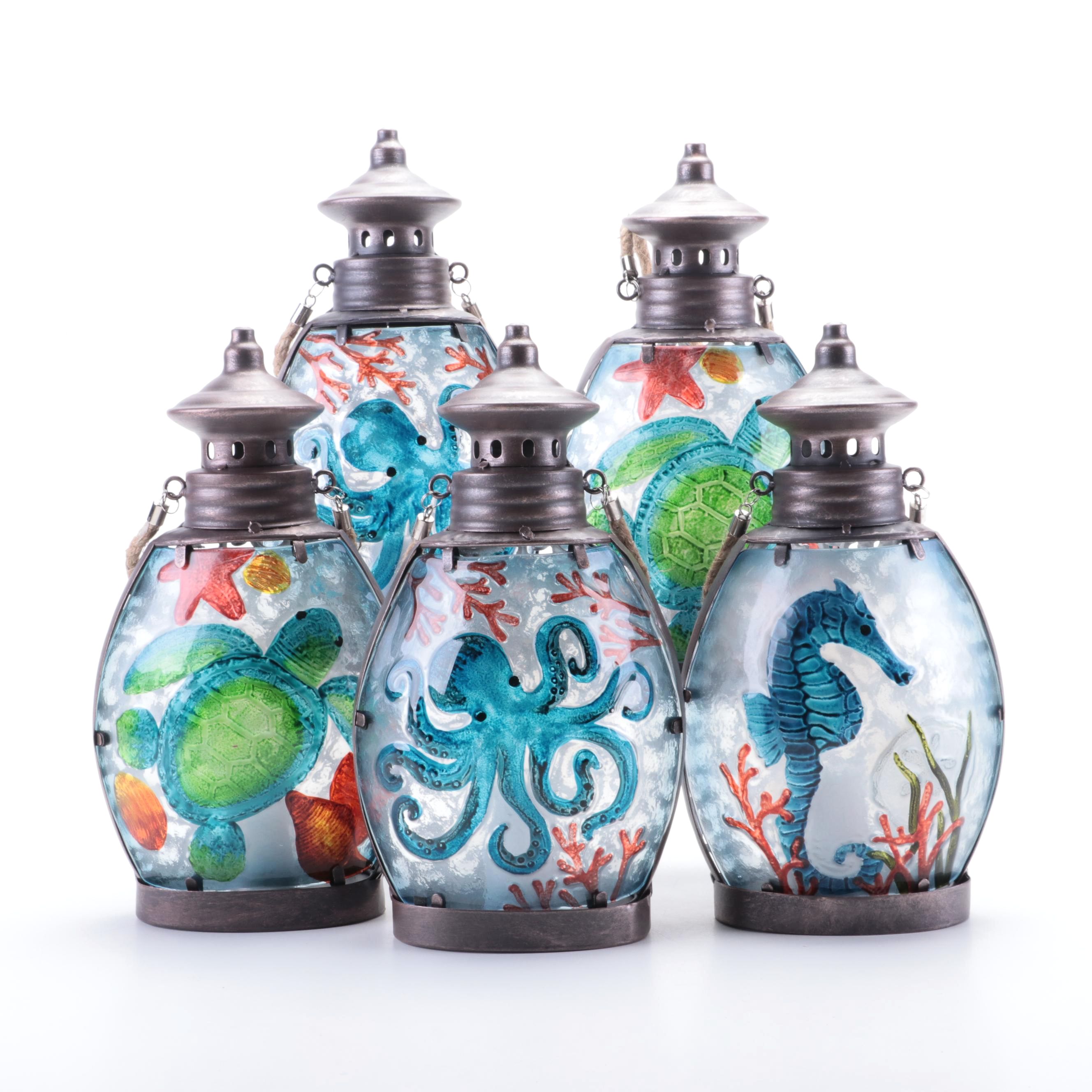 Barbara King Nautical Themed Illuminated Pressed Glass Lanterns