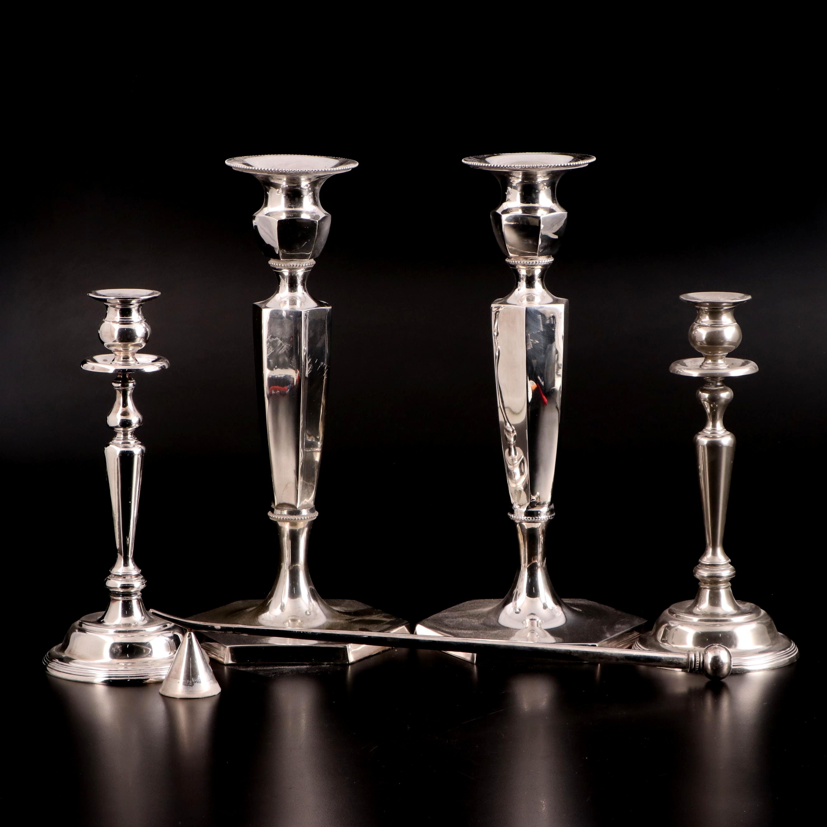 Kenneth Lilly Silver Plate with Other Candlesticks and Snuffer