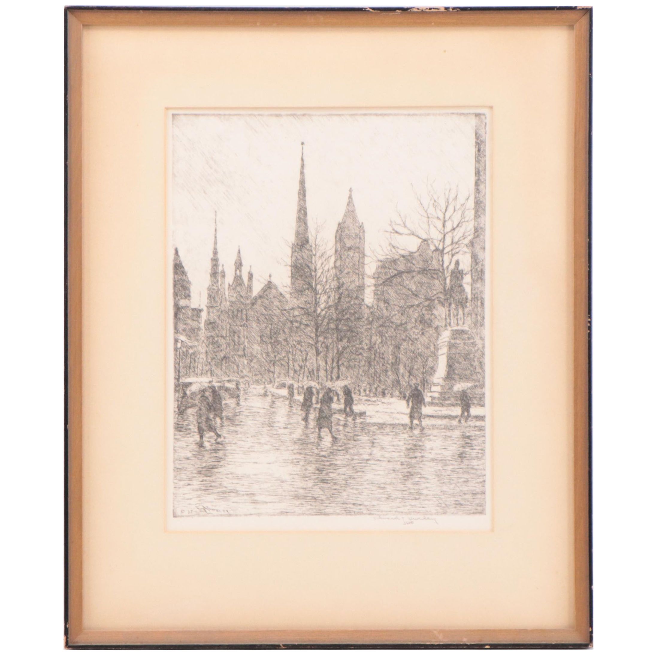 Edward T. Hurley Etching of Cincinnati "8th Street in the Rain," Circa 1937
