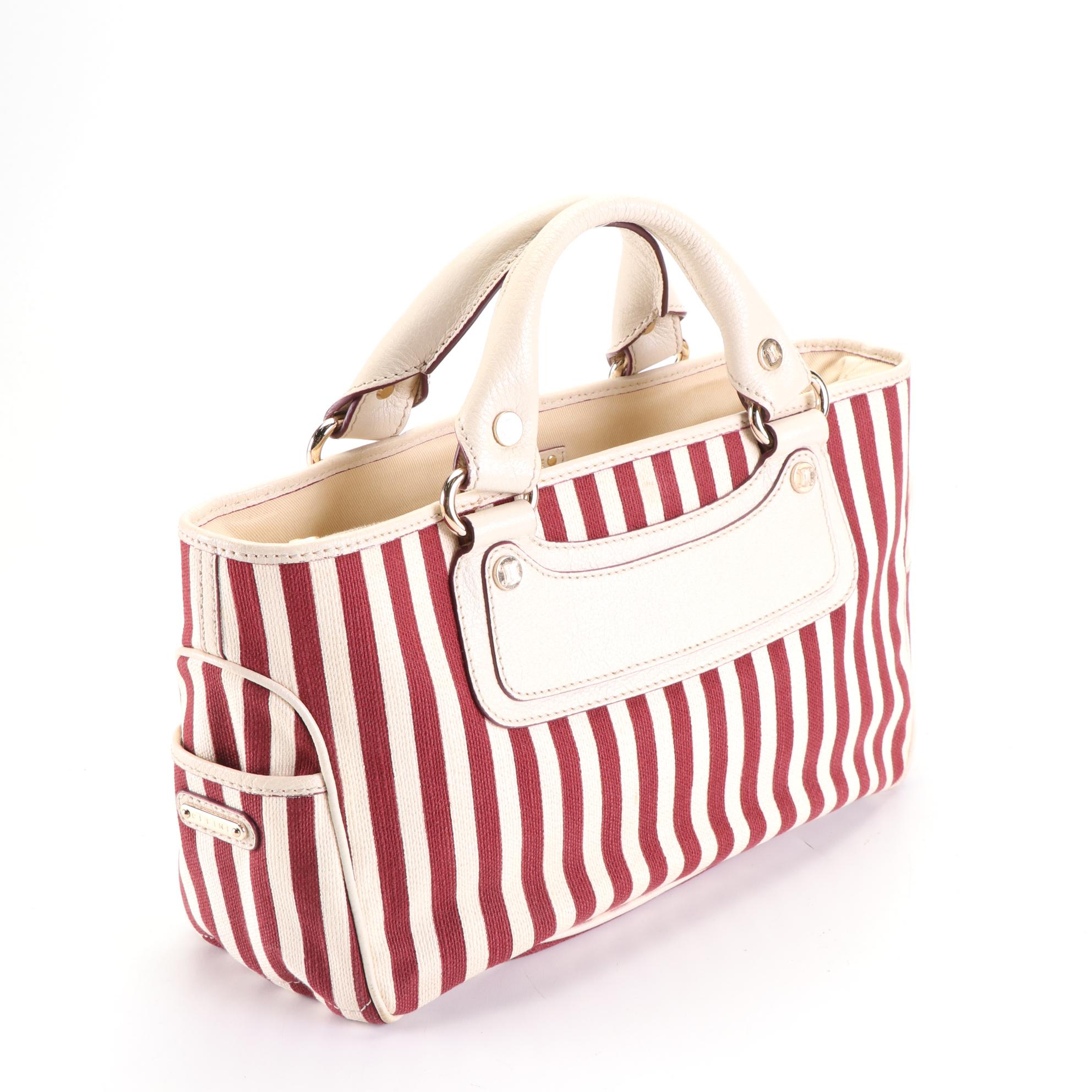 Celine Striped Canvas Tote with Leather Trim