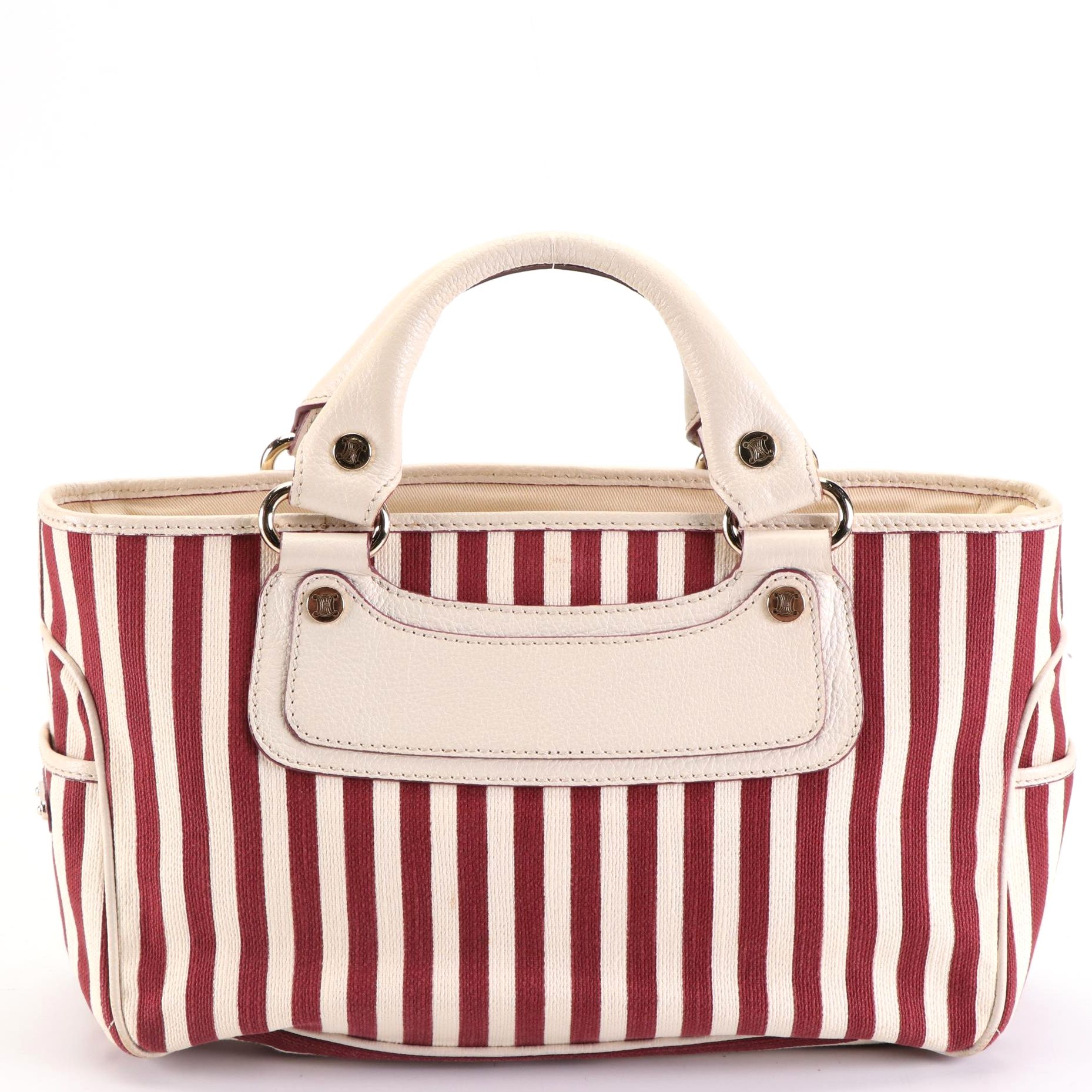 Celine Striped Canvas Tote with Leather Trim