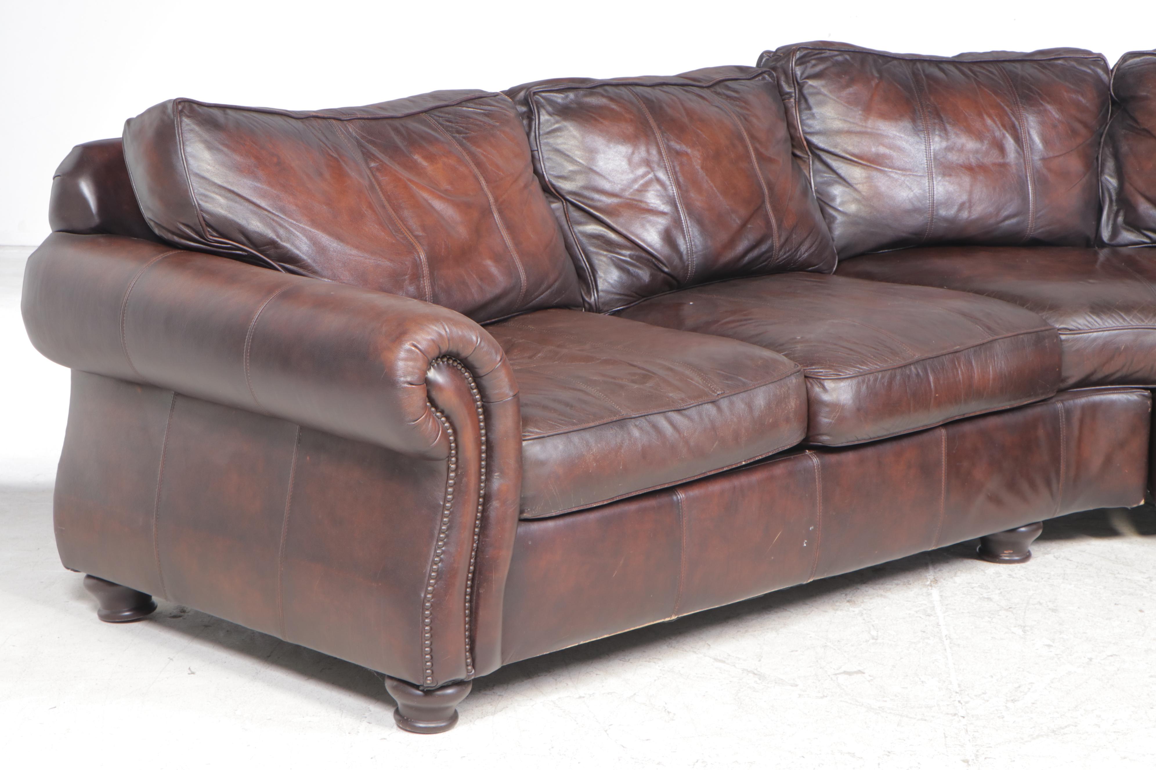 Two-Piece Bernhardt Brown Leather Sectional Sofa with Nailheads