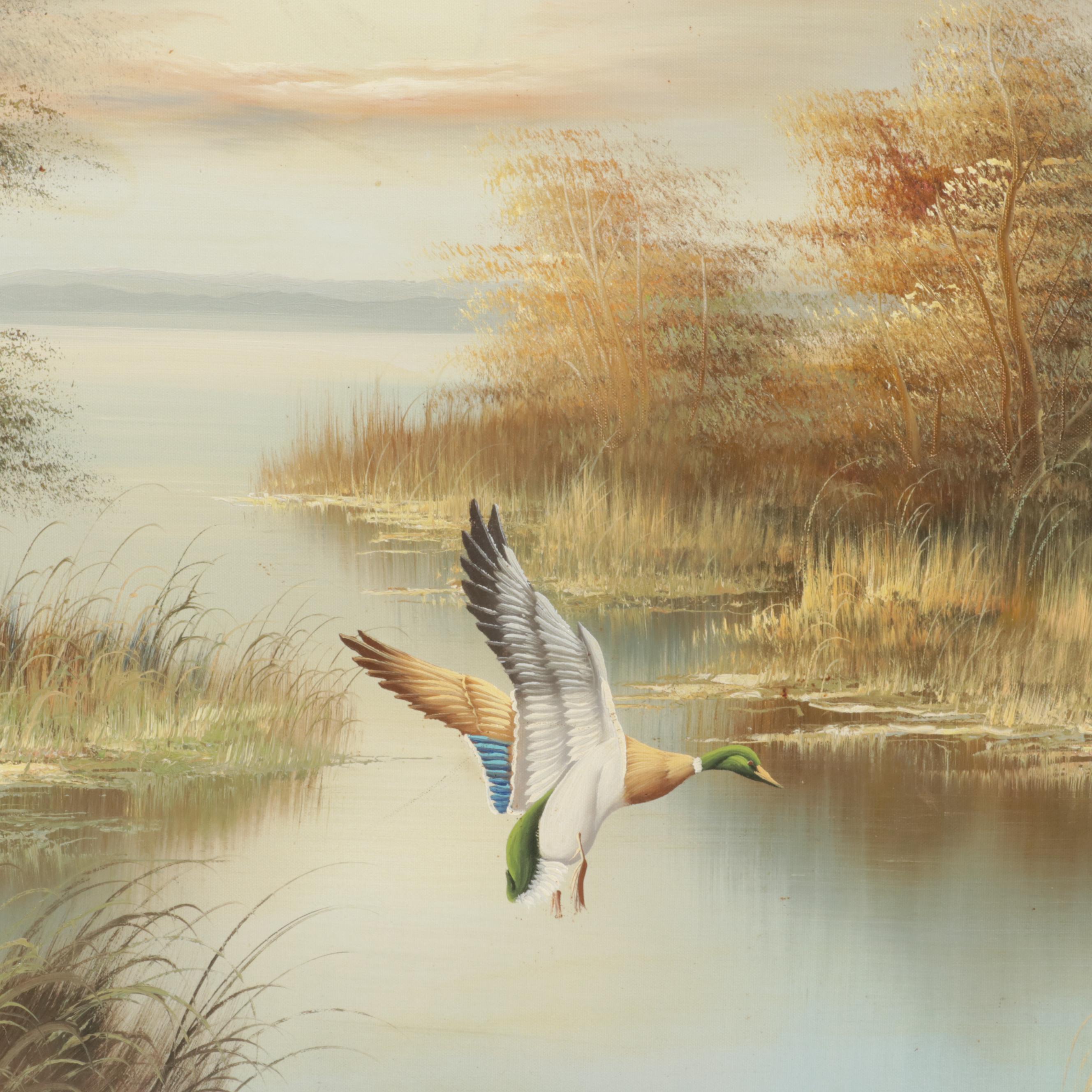 R. Duncan Oil Painting of Ducks Taking Flight From Marsh, Late 20th Century