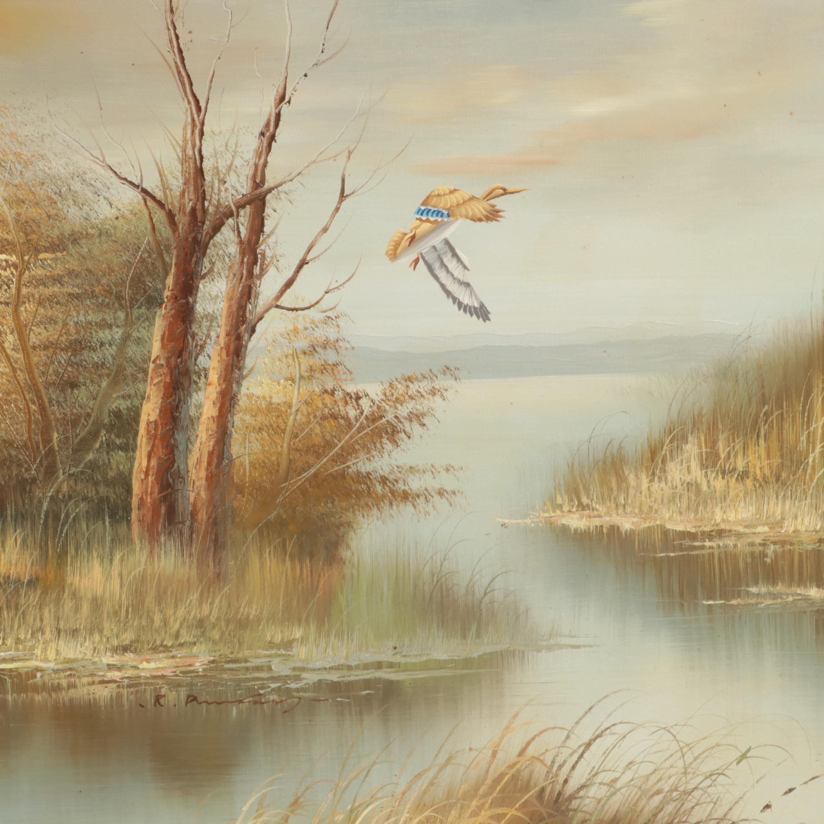R. Duncan Oil Painting of Ducks Taking Flight From Marsh, Late 20th Century
