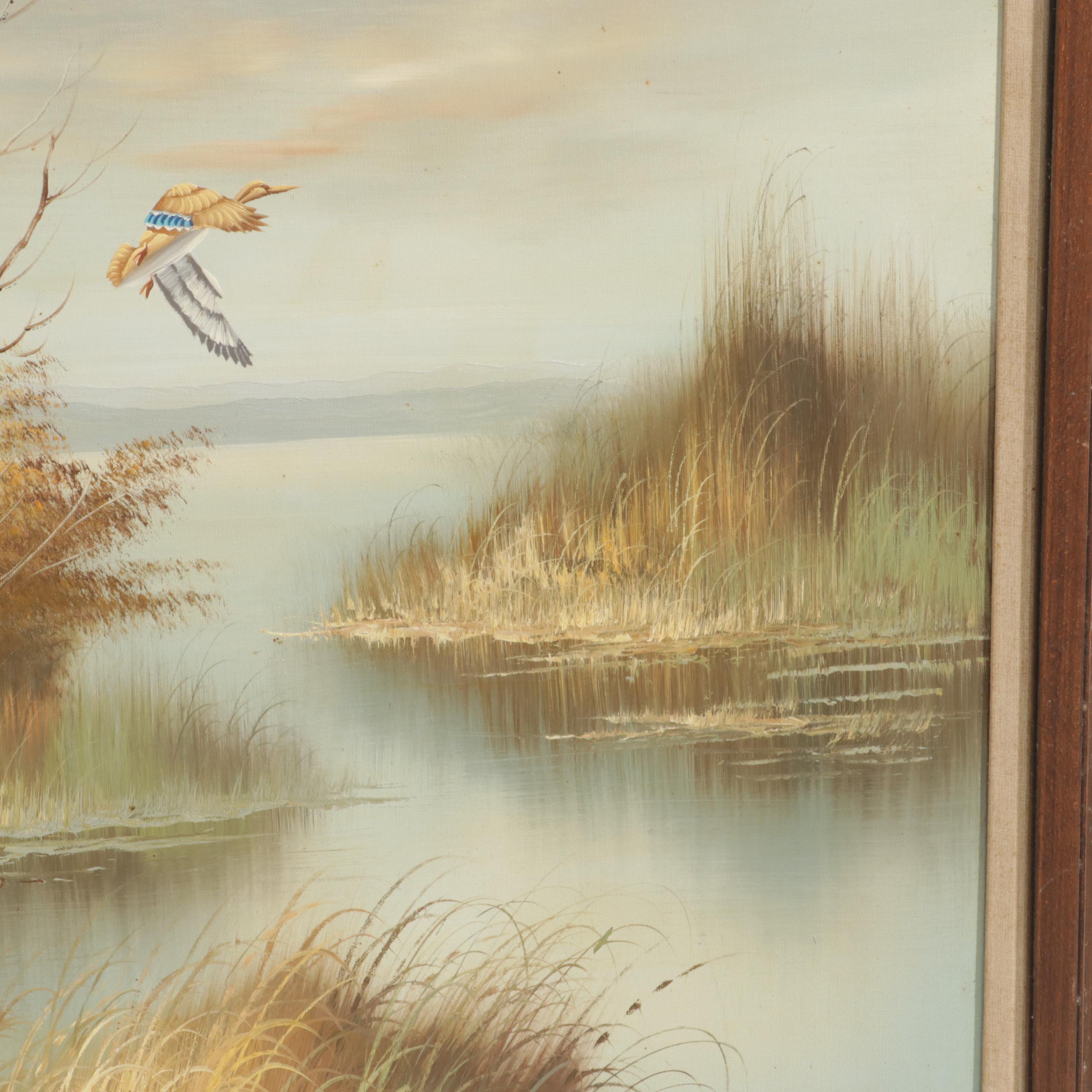 R. Duncan Oil Painting of Ducks Taking Flight From Marsh, Late 20th Century