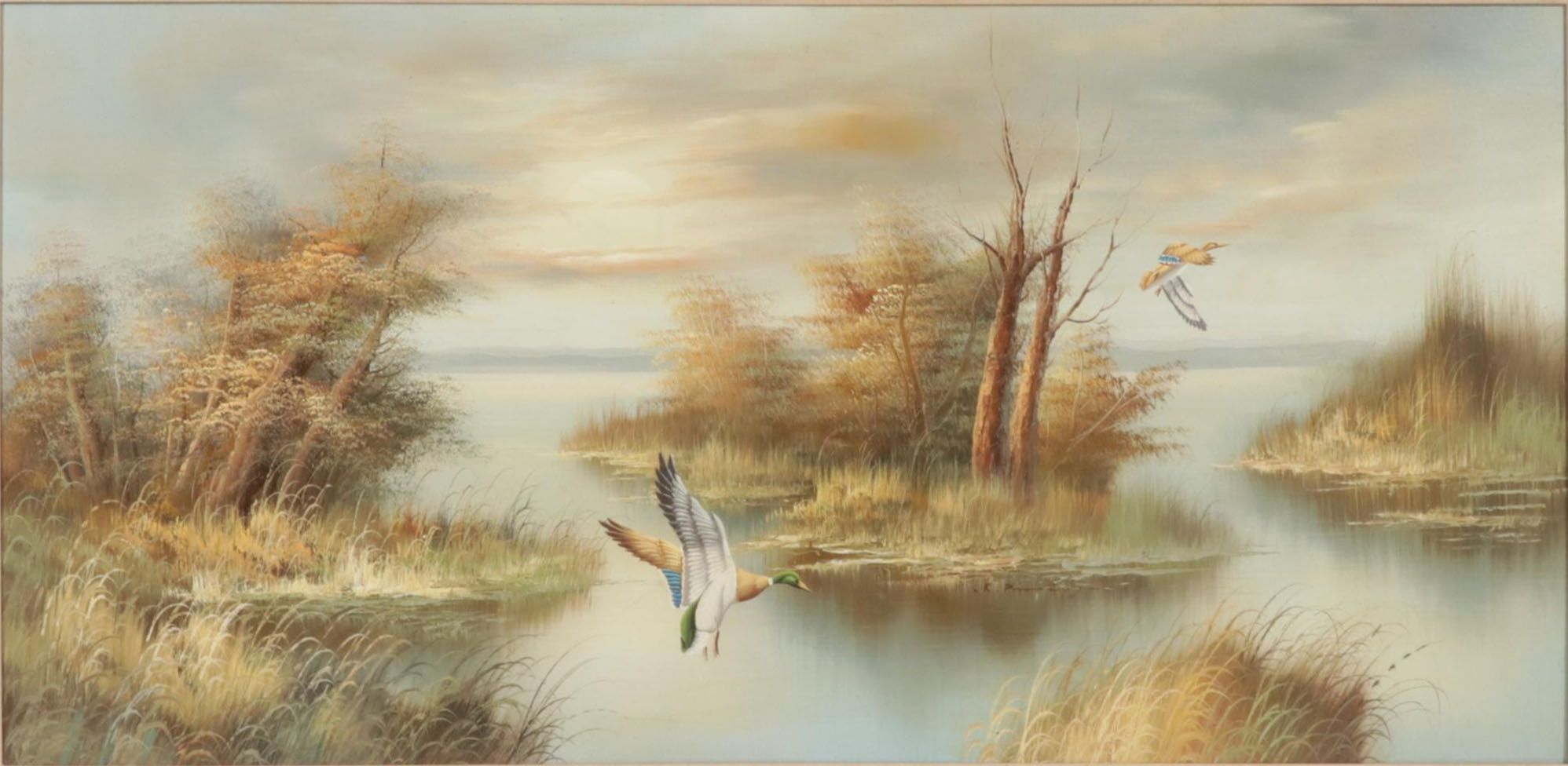 R. Duncan Oil Painting of Ducks Taking Flight From Marsh, Late 20th Century