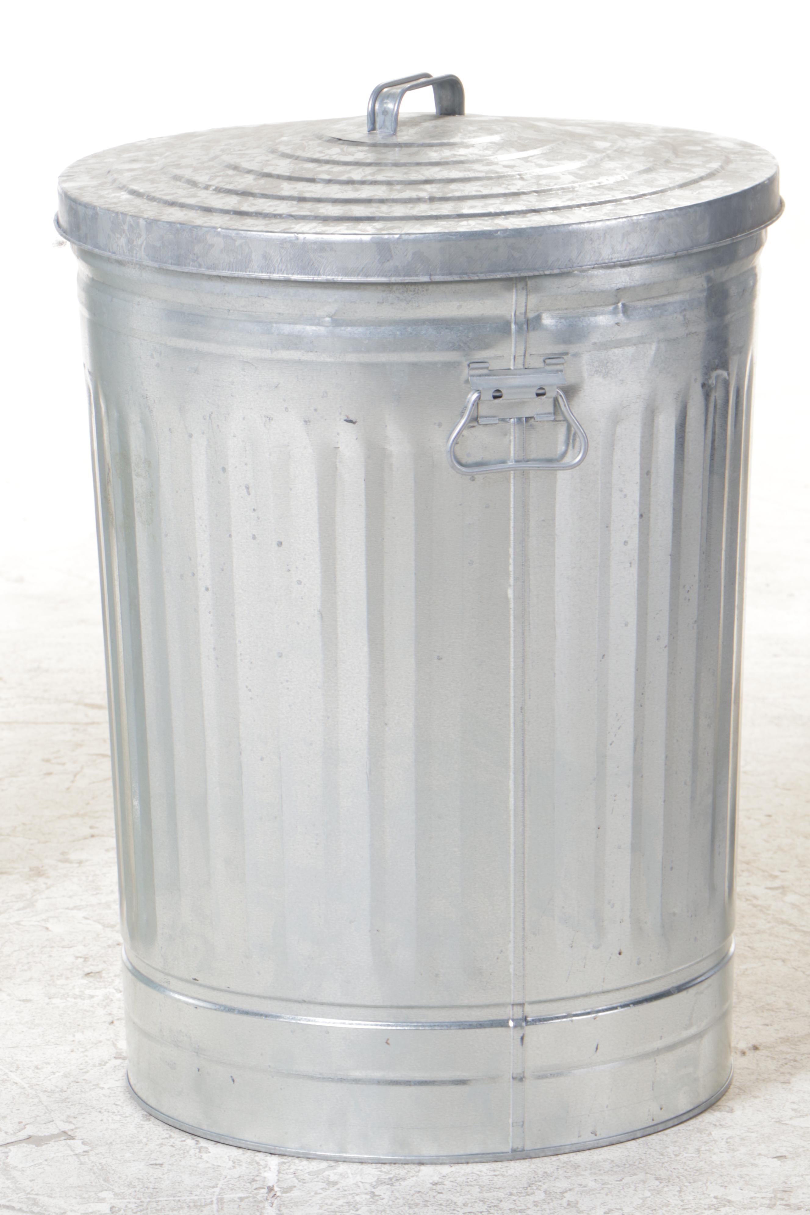 Eight Galvanized Garbage Cans with One Lid