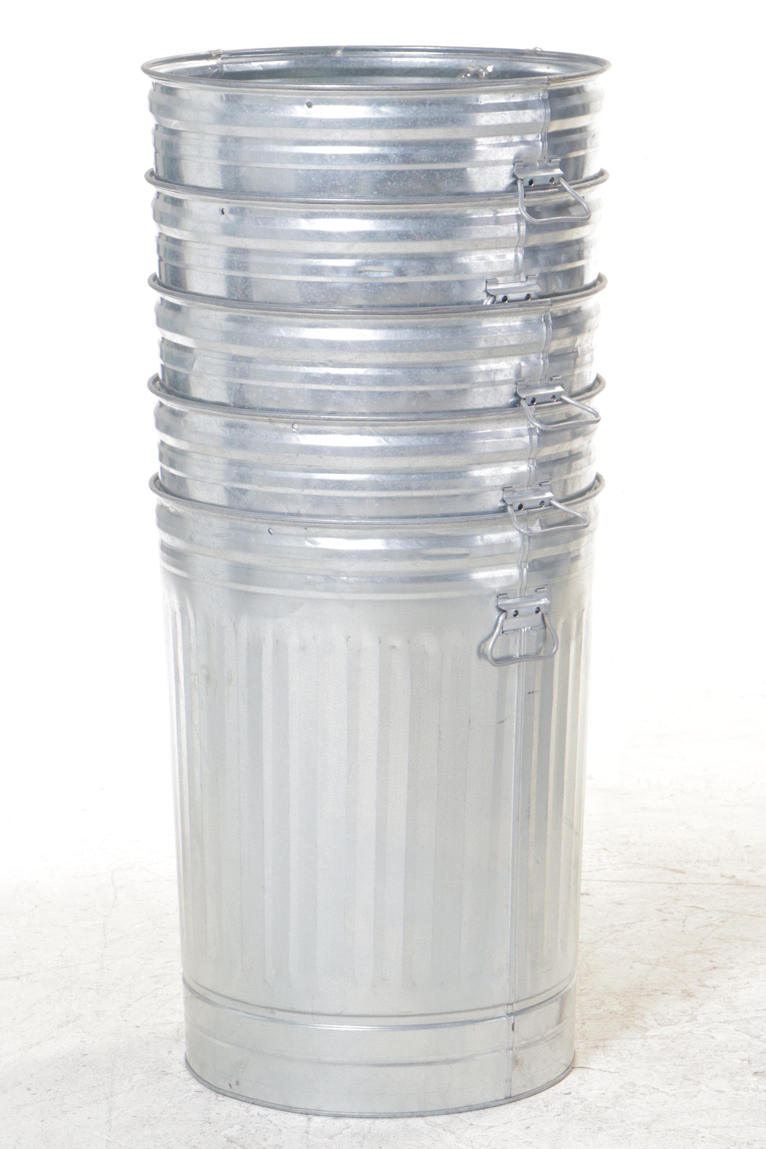 Eight Galvanized Garbage Cans with One Lid