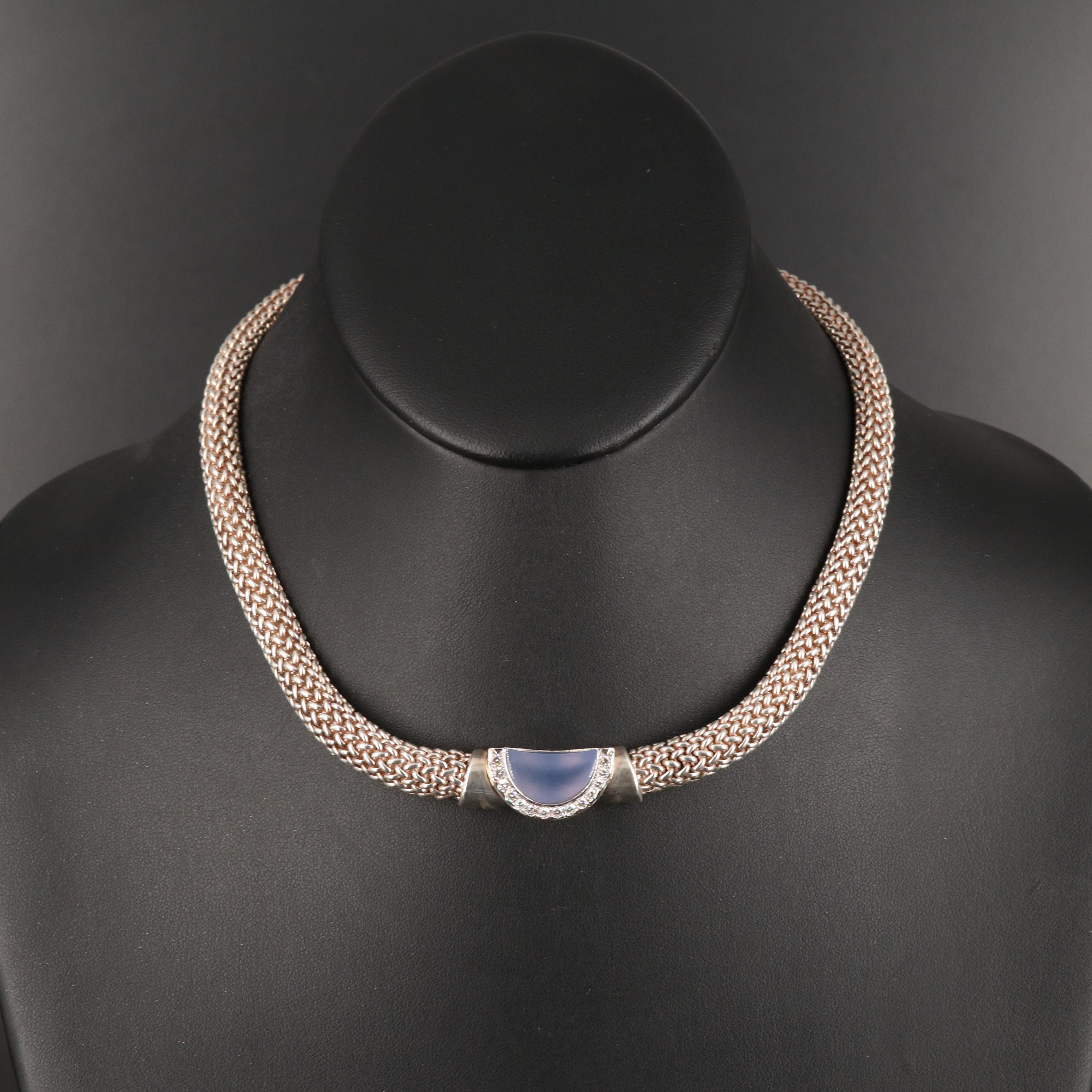 Movado 18K Chalcedony and Diamond Pendant on Sterling Mesh Chain Necklace