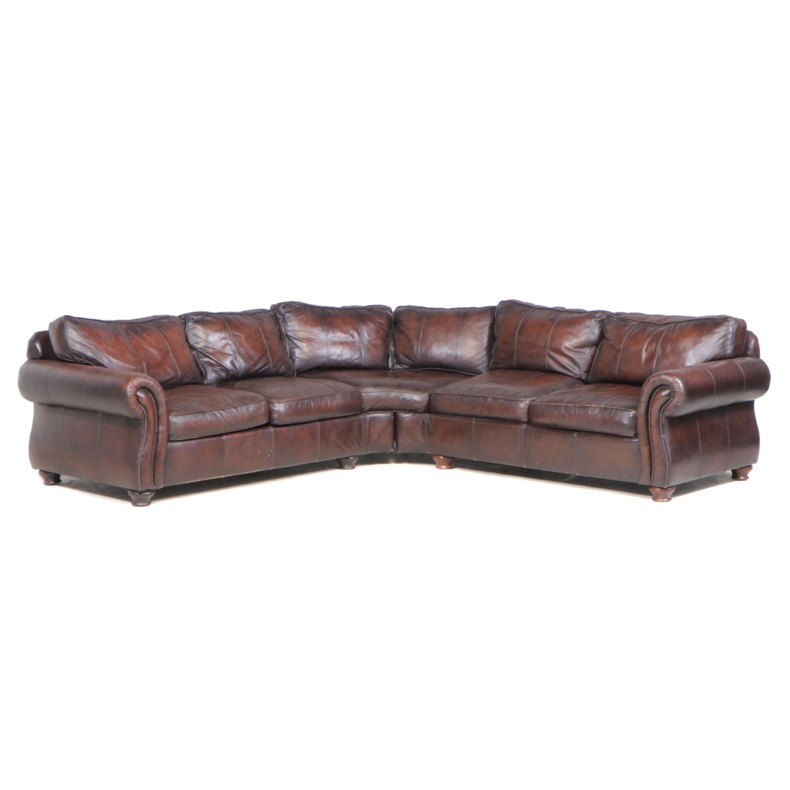 Two-Piece Bernhardt Brown Leather Sectional Sofa with Nailheads