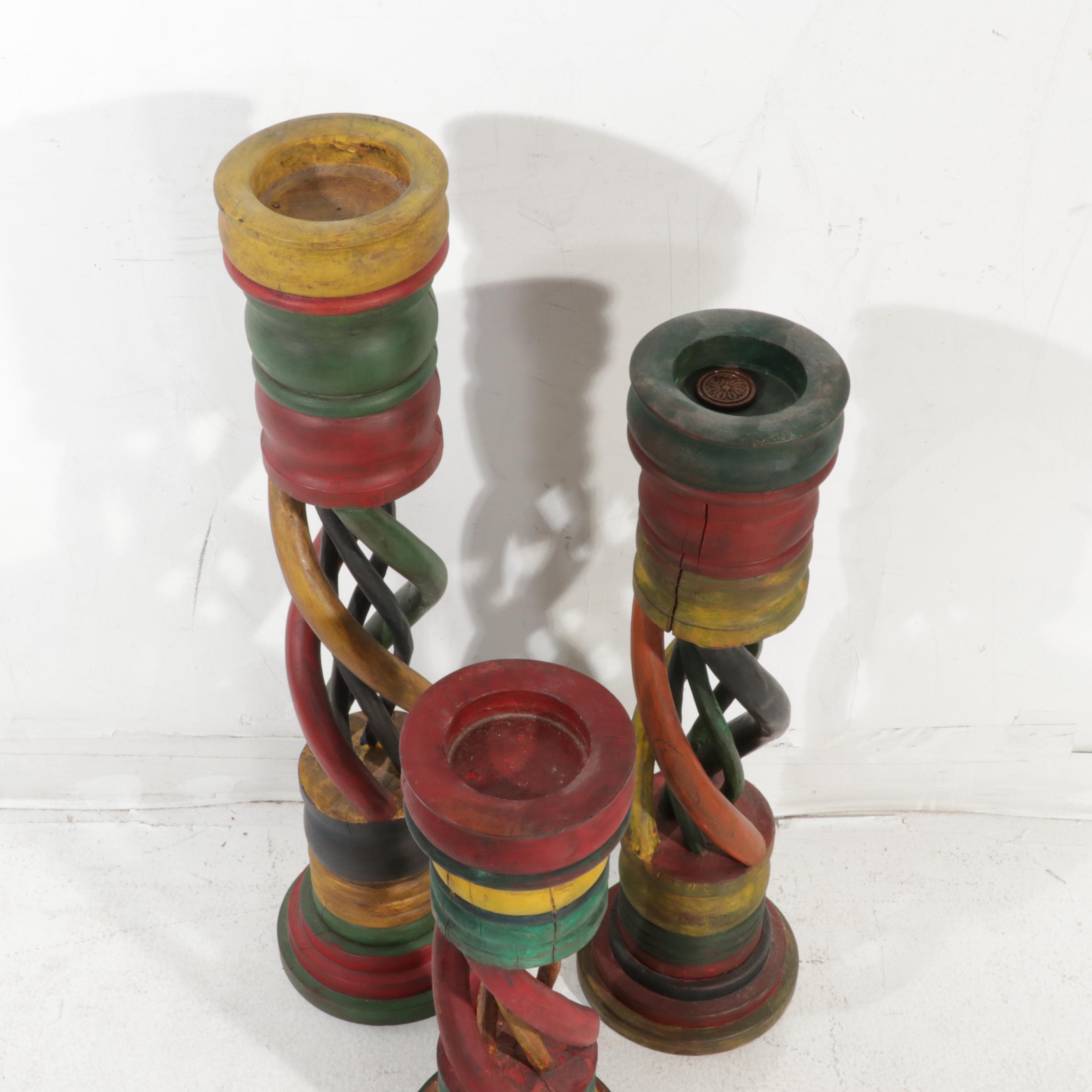 Painted Carved Wood Twisted Stands, 20th Century
