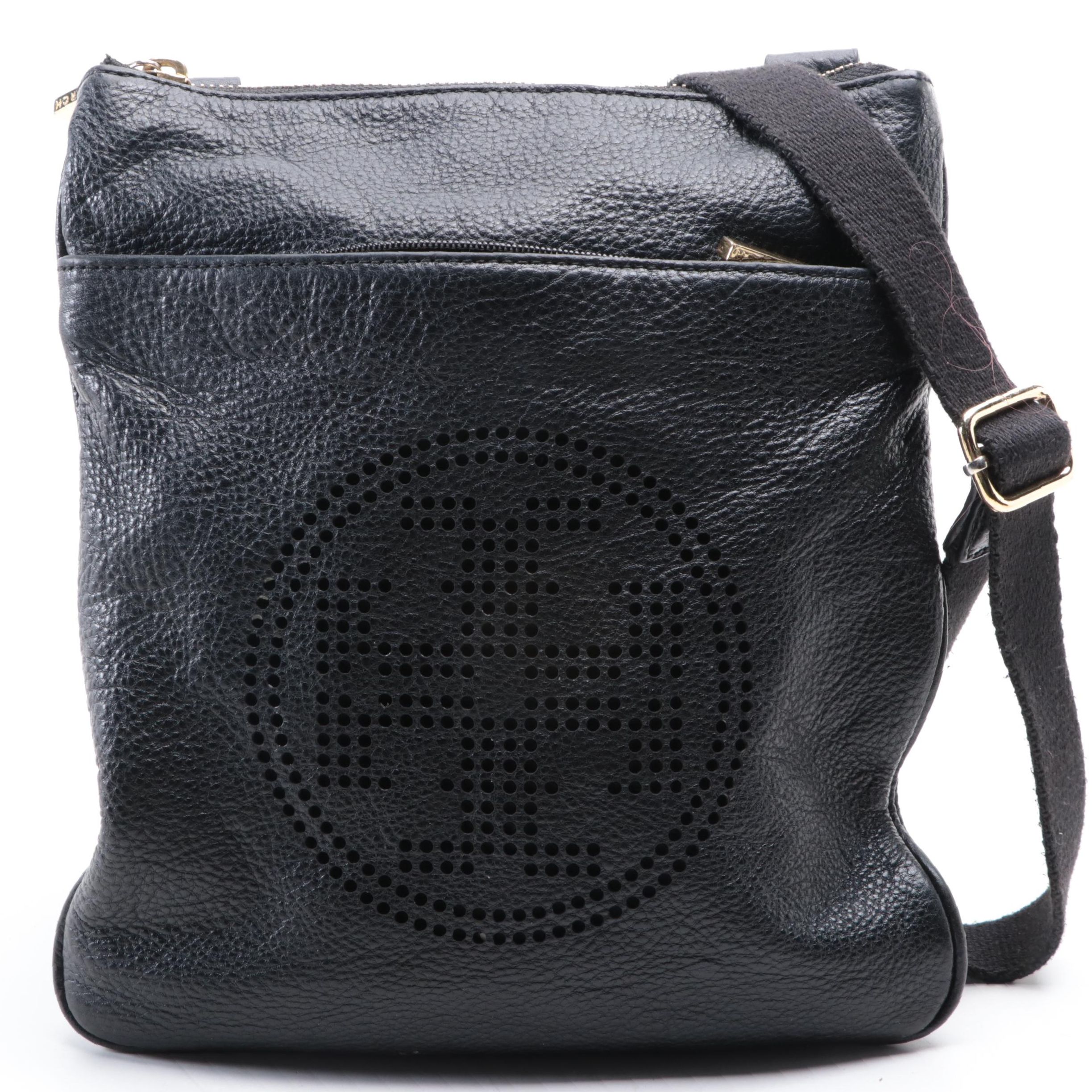 Tory Burch Flat Crossbody Bag in Black Leather with Web Strap