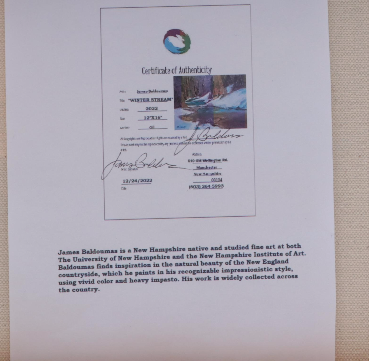 James Baldoumas Landscape Oil Painting "Winter Stream," 2022