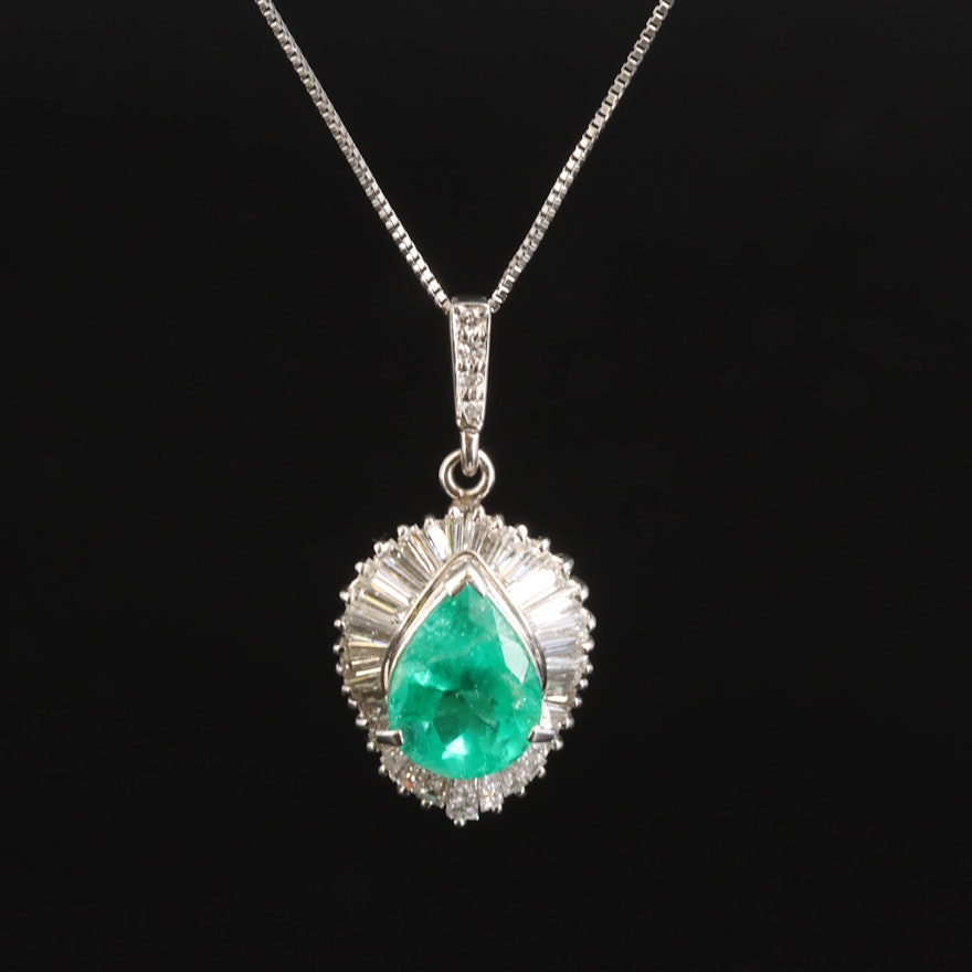 Platinum 2.12 CT Emerald and Diamond Pendant Necklace with GIA Report