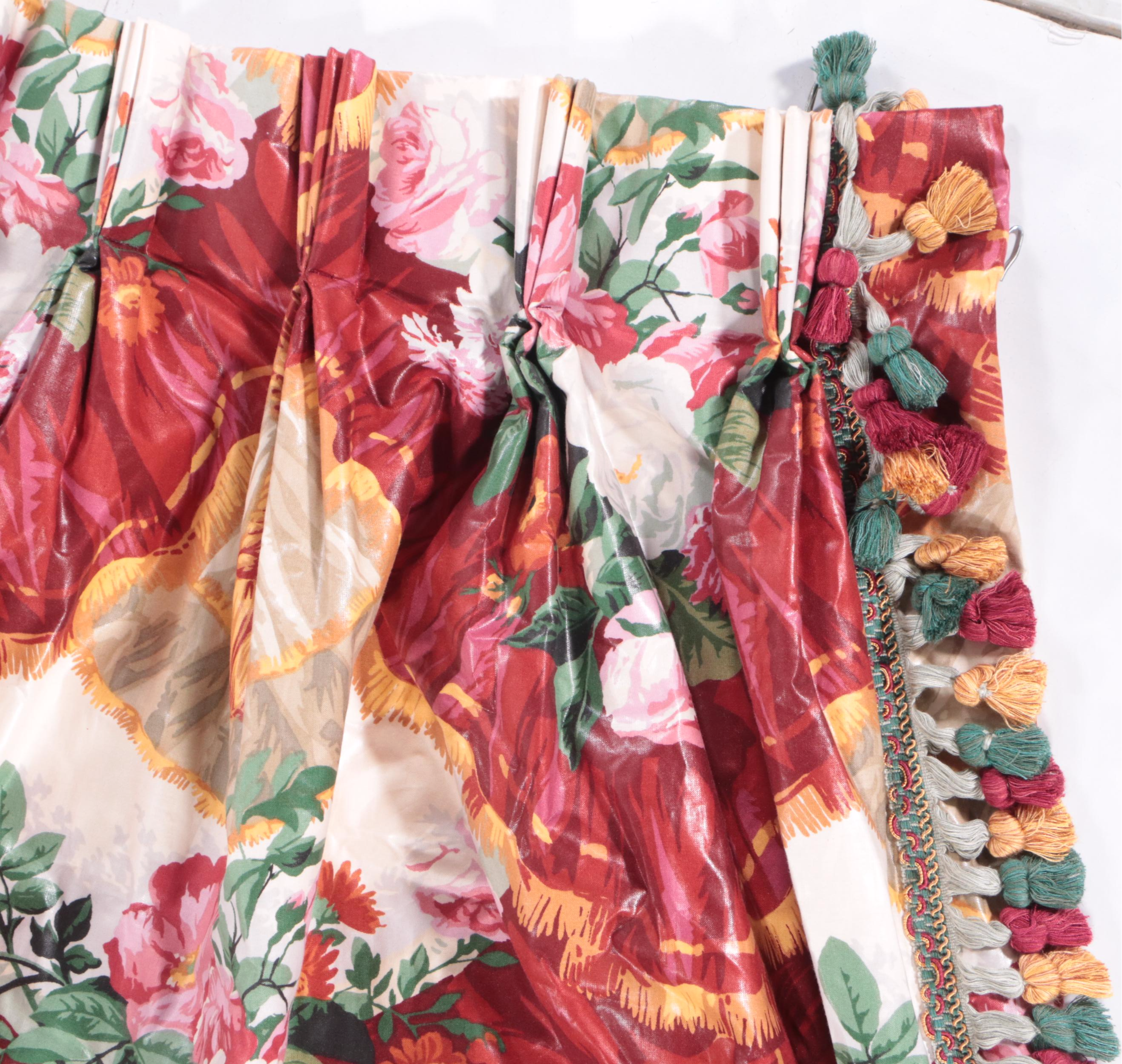 Custom Made Chintz Pinch Pleat Drapery Panels and Valance with Bed Linens