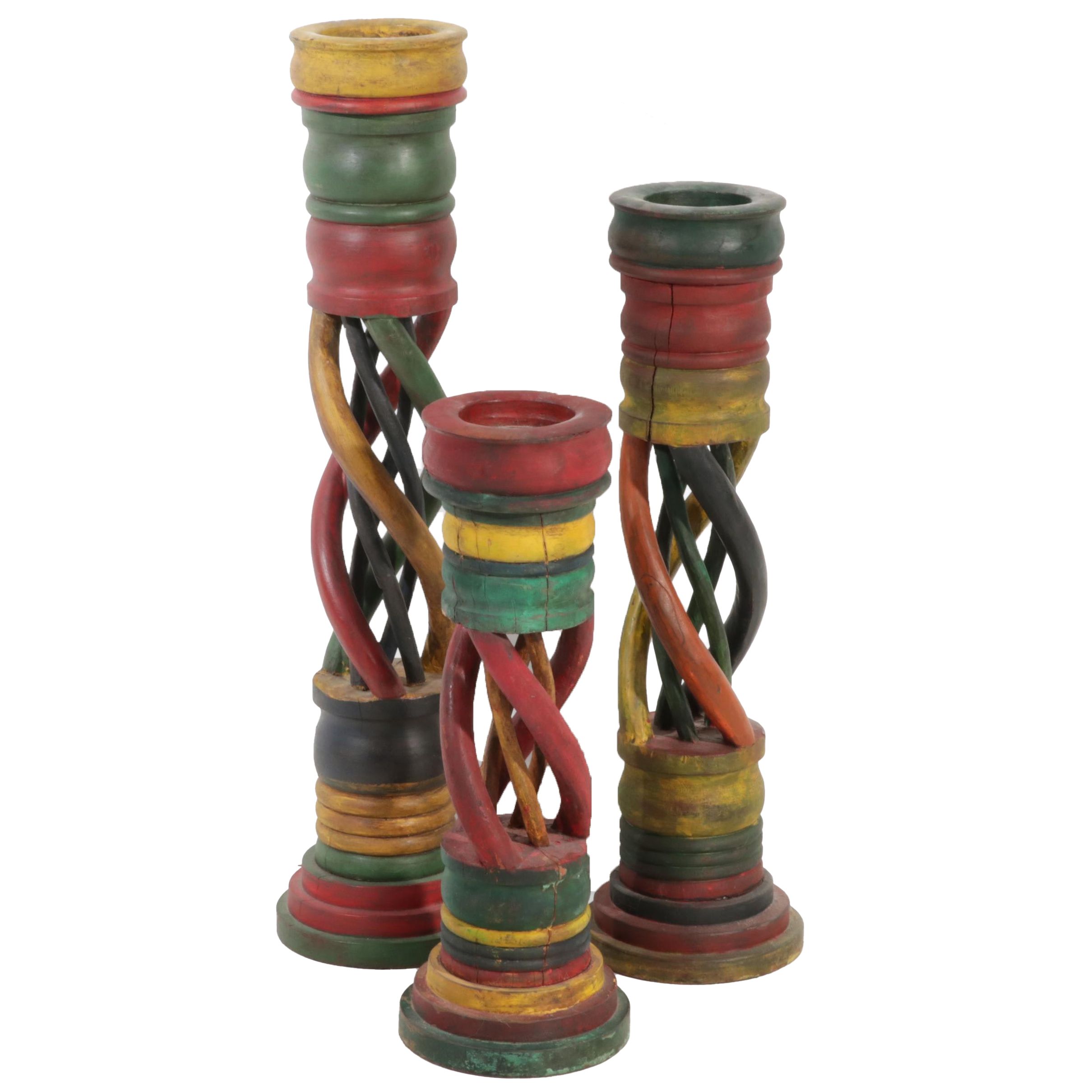 Painted Carved Wood Twisted Stands, 20th Century