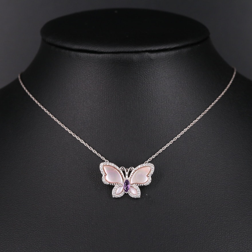 Sterling Silver Amethyst, Mother of Pearl, and Sapphire Butterfly Necklace