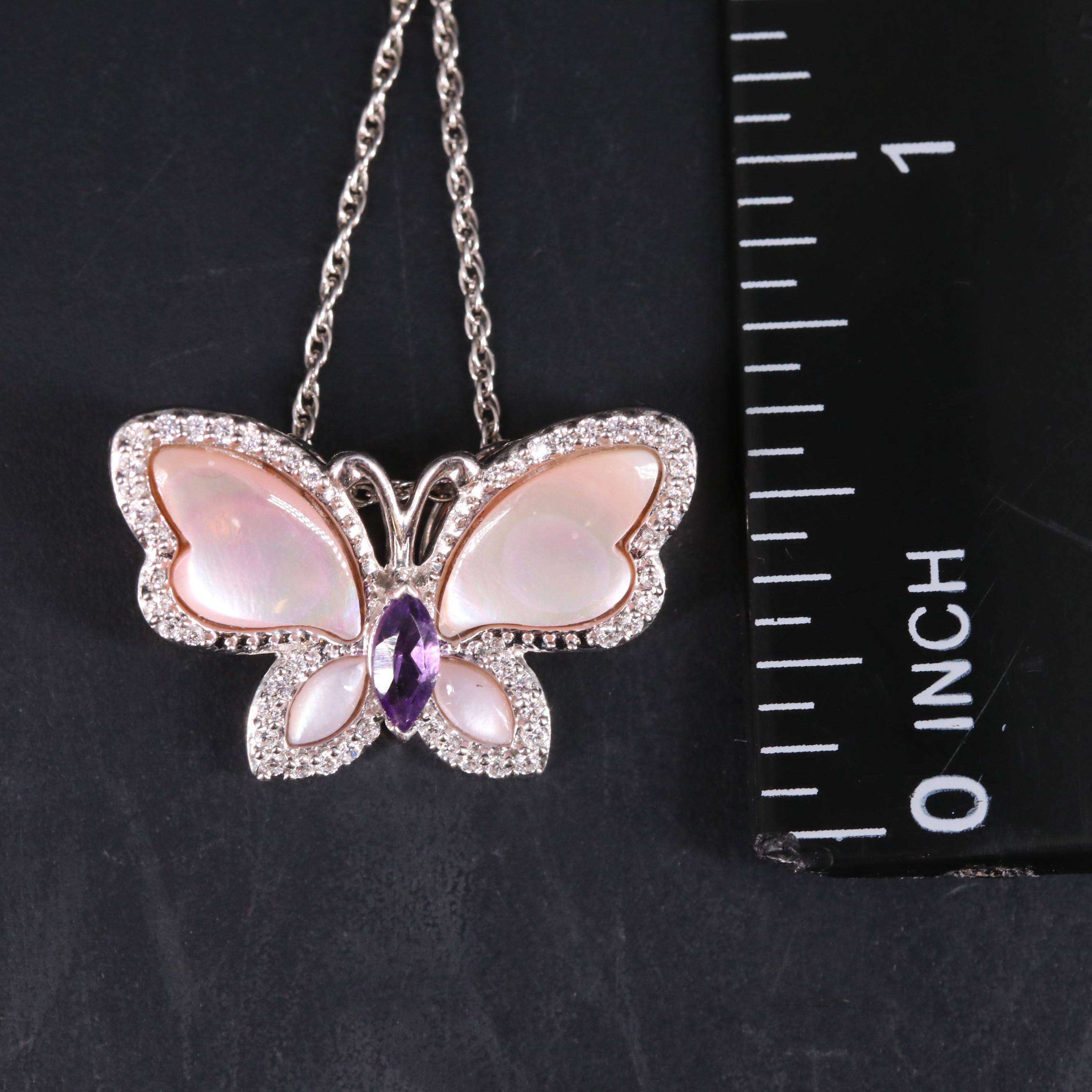 Sterling Silver Amethyst, Mother of Pearl, and Sapphire Butterfly Necklace