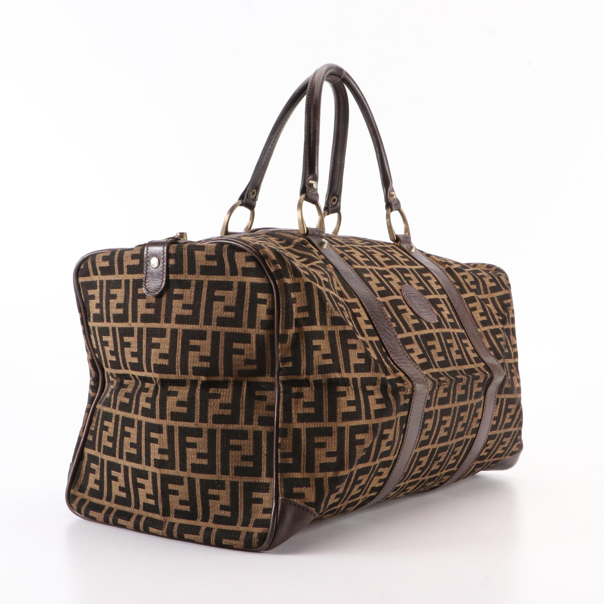 Fendi Small Duffle Bag in FF Zucca Jacquard Canvas and Brown Leather