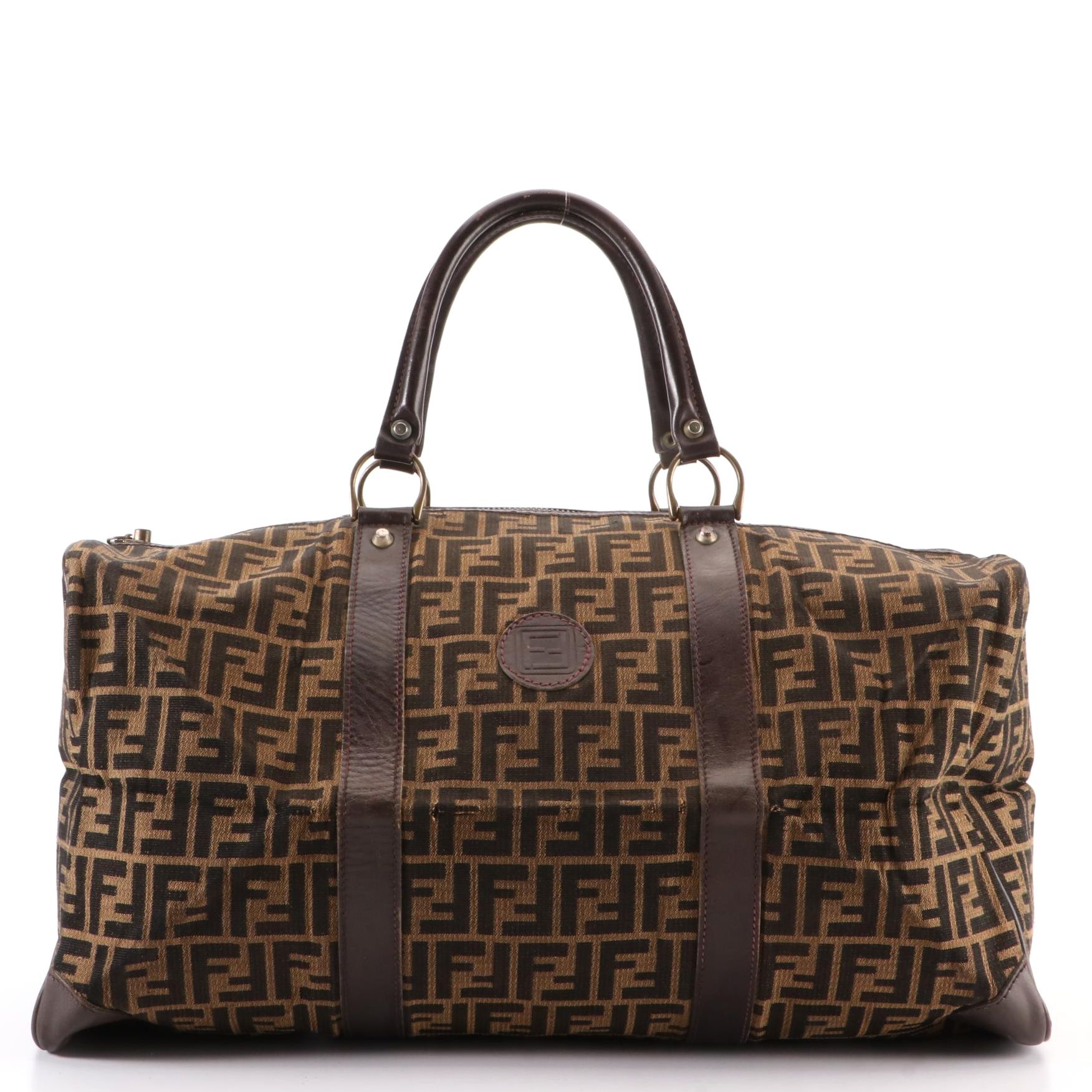 Fendi Small Duffle Bag in FF Zucca Jacquard Canvas and Brown Leather