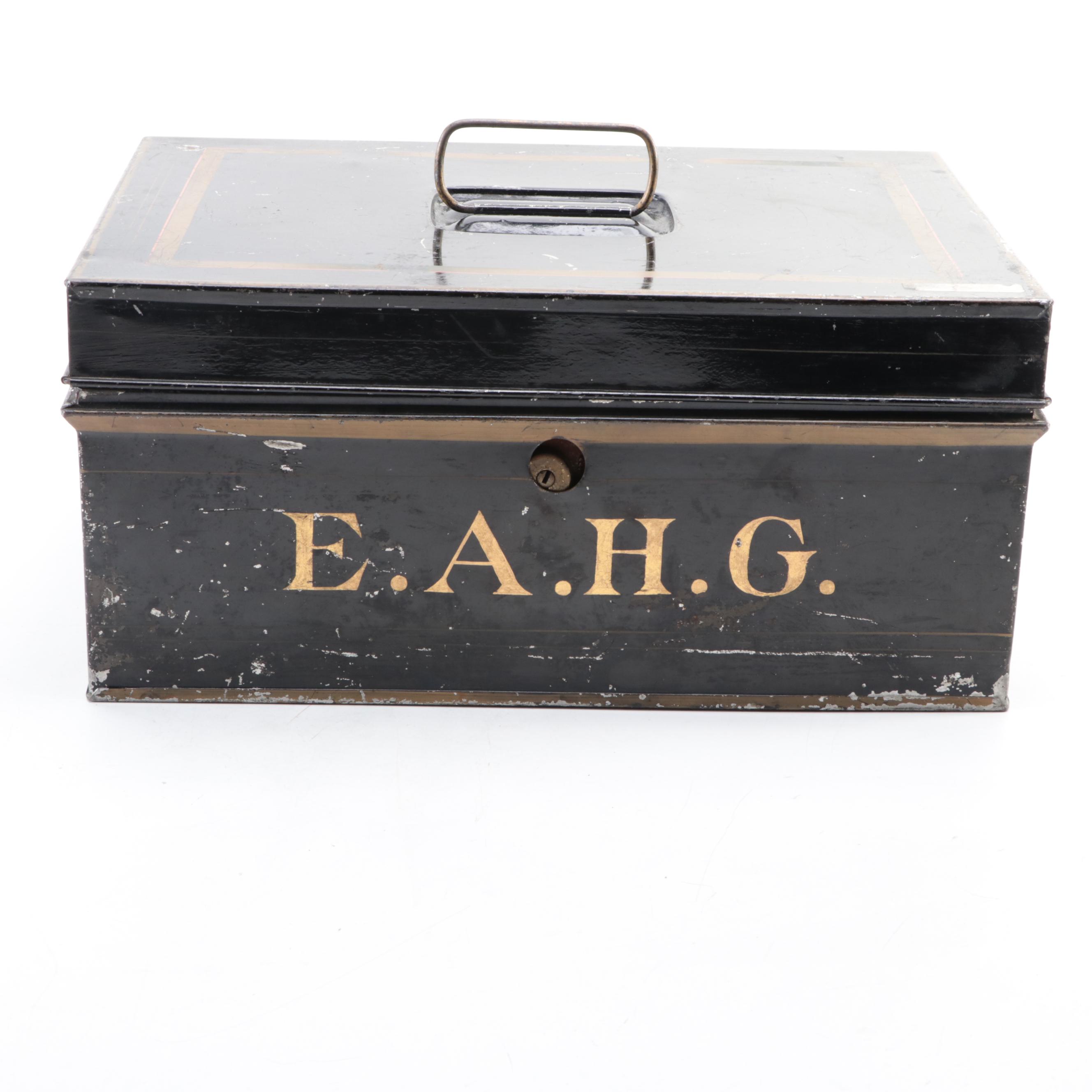 Victorian Toleware Document or Cash Box with Assorted Tools
