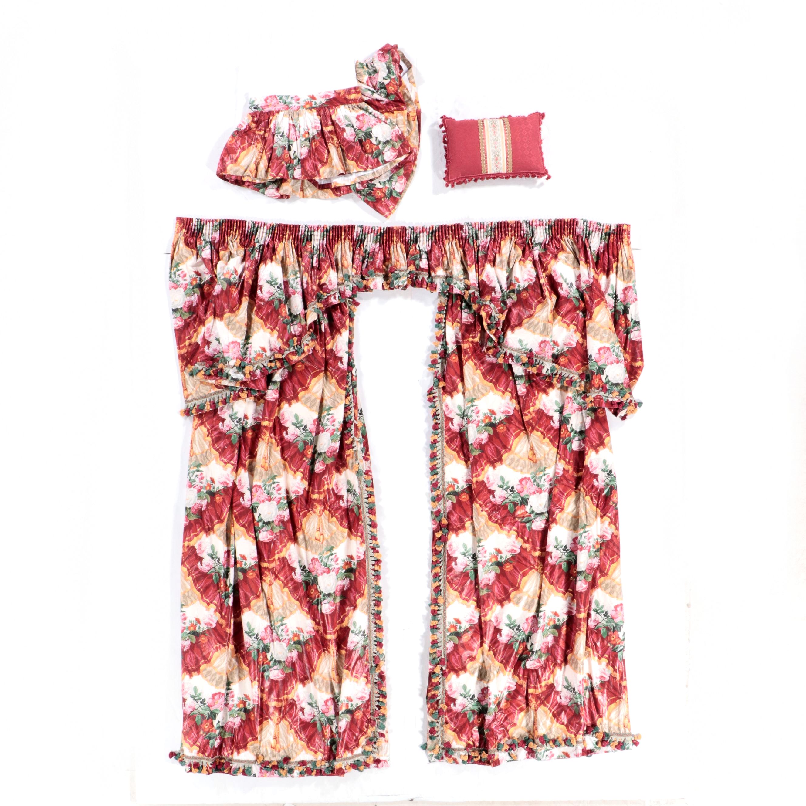 Custom Made Chintz Pinch Pleat Drapery Panels and Valance with Bed Linens