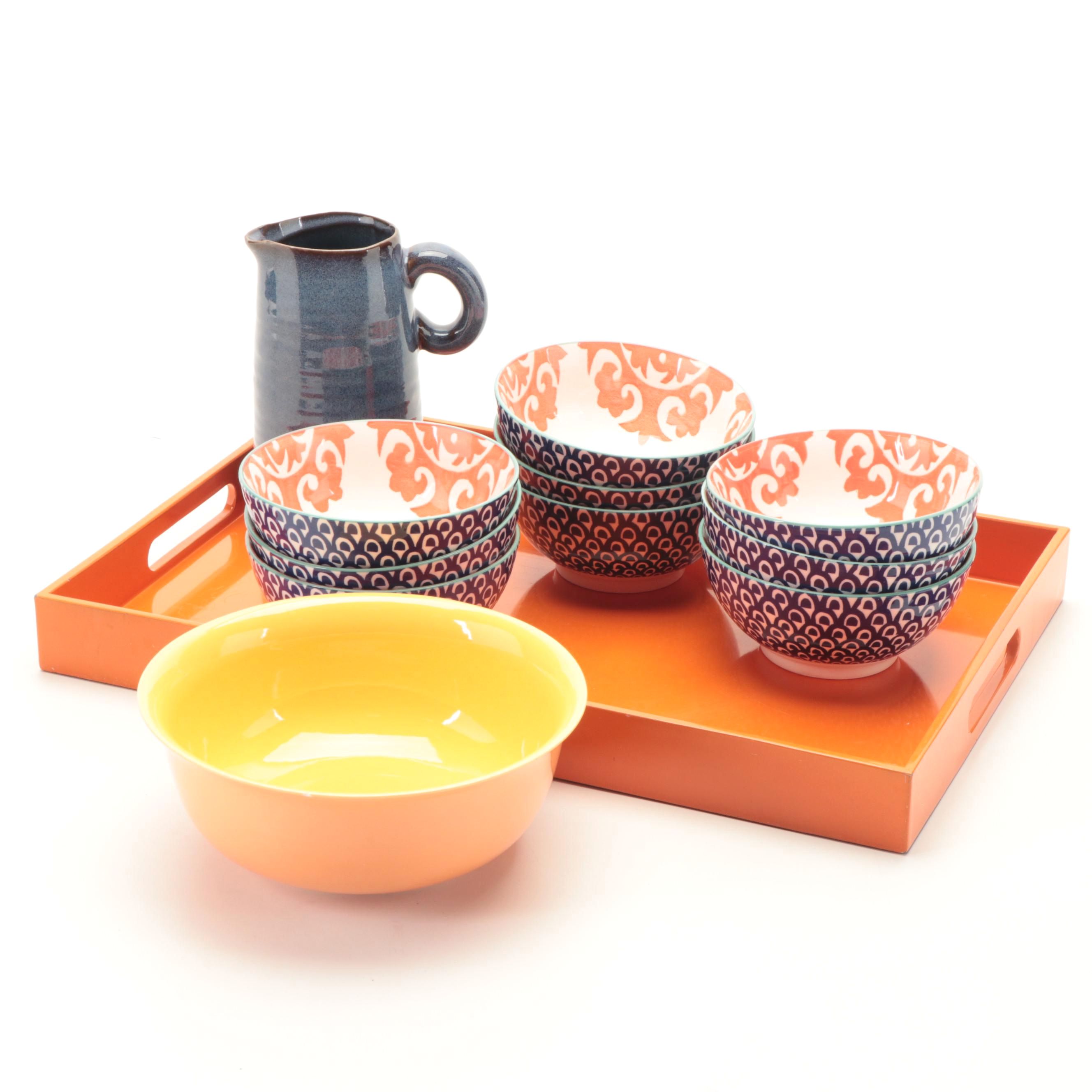 Bo Jia Middle Kingdom Porcelain Bowl with Pottery Barn Tray and Other Tableware