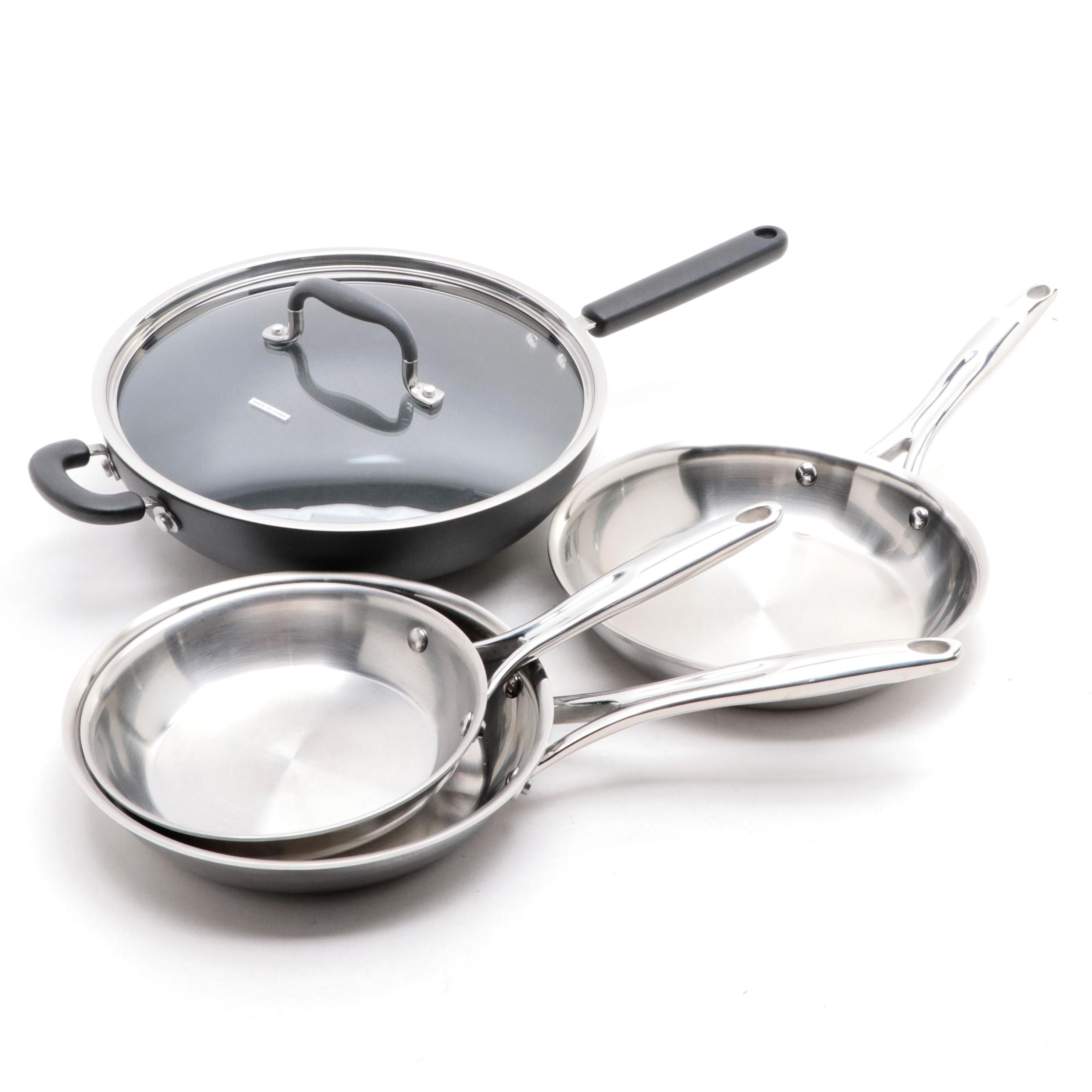 The Pampered Chef Nonstick Wok, Glass Lid, and Stainless Sauté Pans