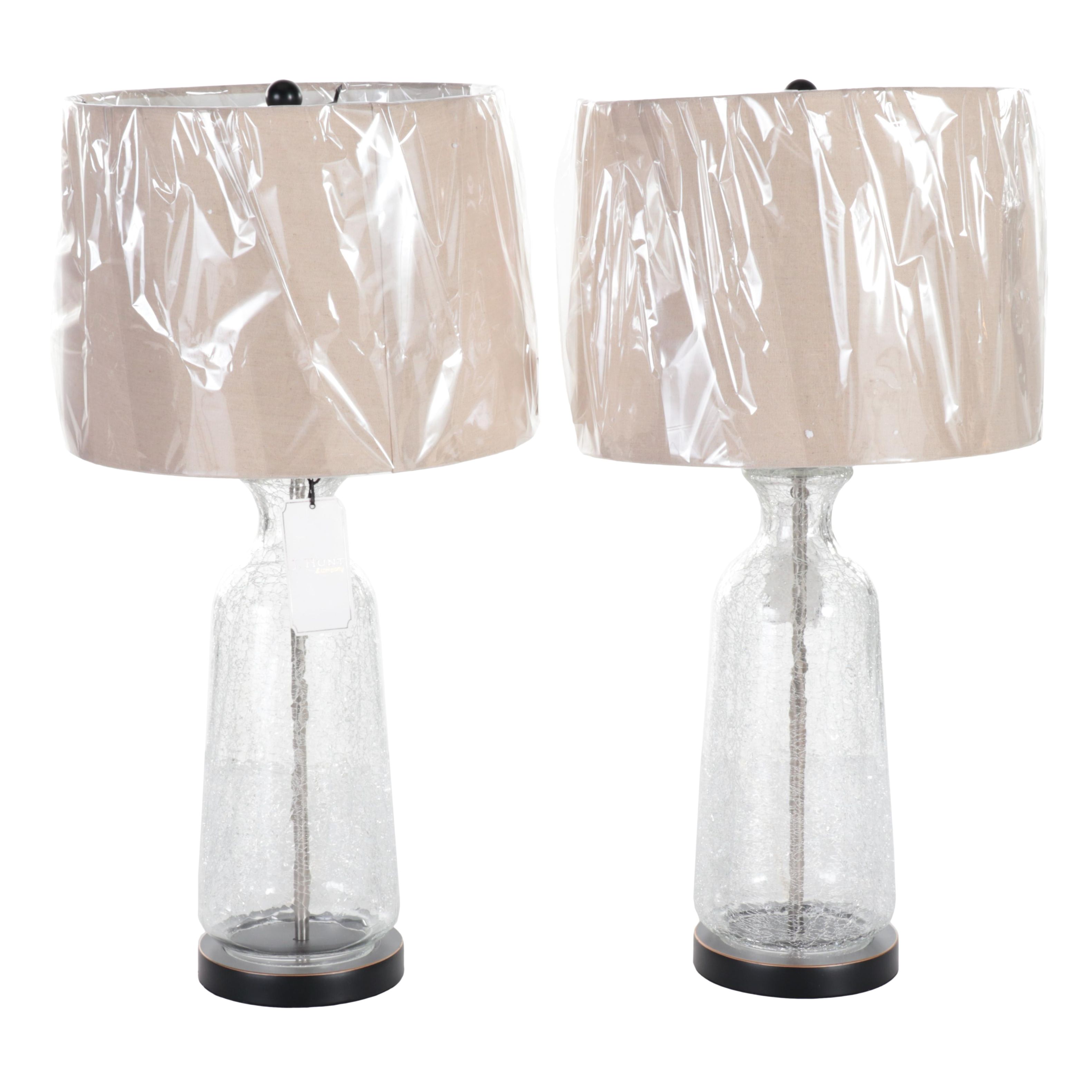 Pair of DSI Crackle Glass Table Lamps With Drum Shades, Contemporary