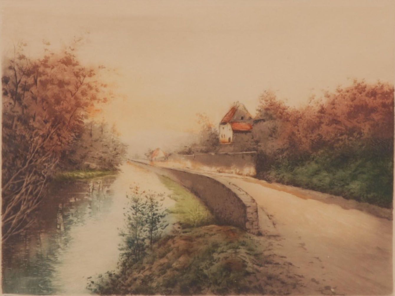 Henry Dupont Color Etching "Vazeley, France," Early 20th Century