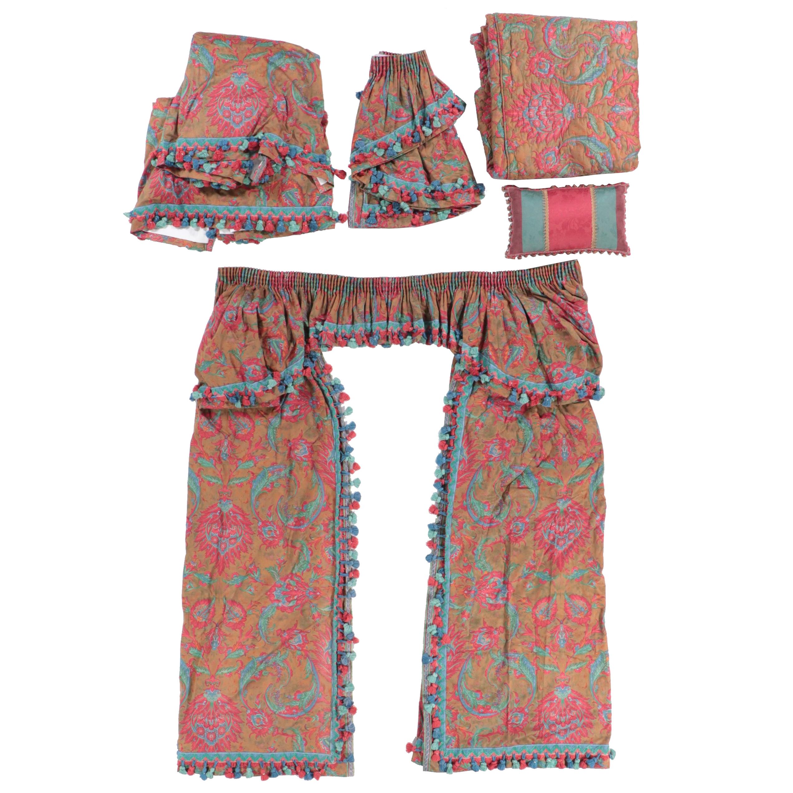 Custom Made Pinch Pleat Tasseled Drapery Panels with Valances and Bed Linens