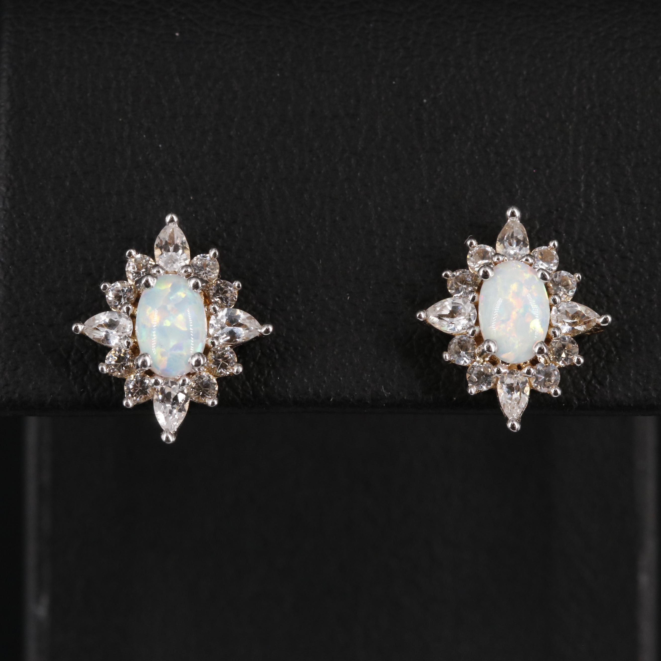 Sterling Opal and Sapphire Oval Halo Stud Earrings