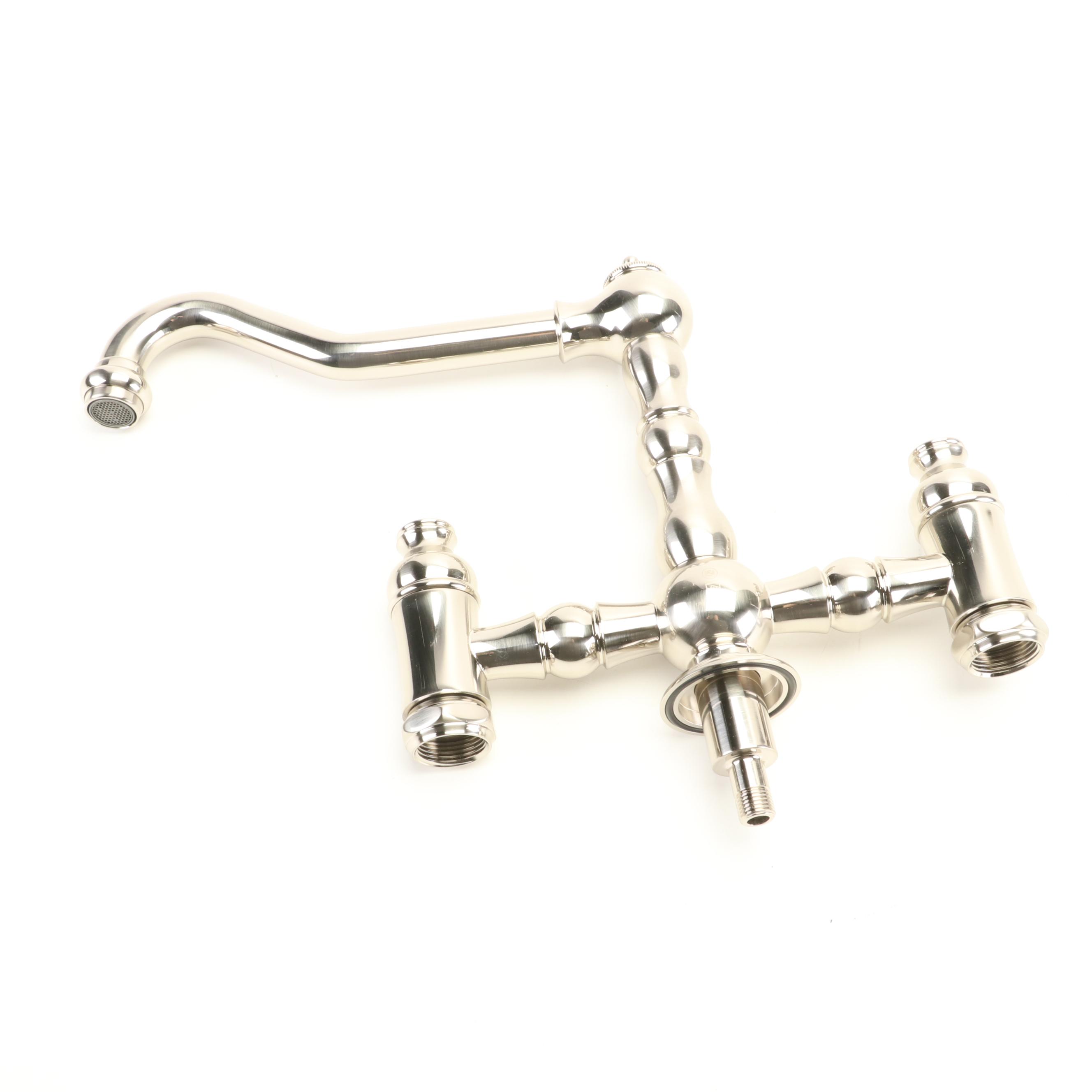 Brushed Nickel Deck Mount Bridge Faucet with Handspray and Deep Strainer Basket