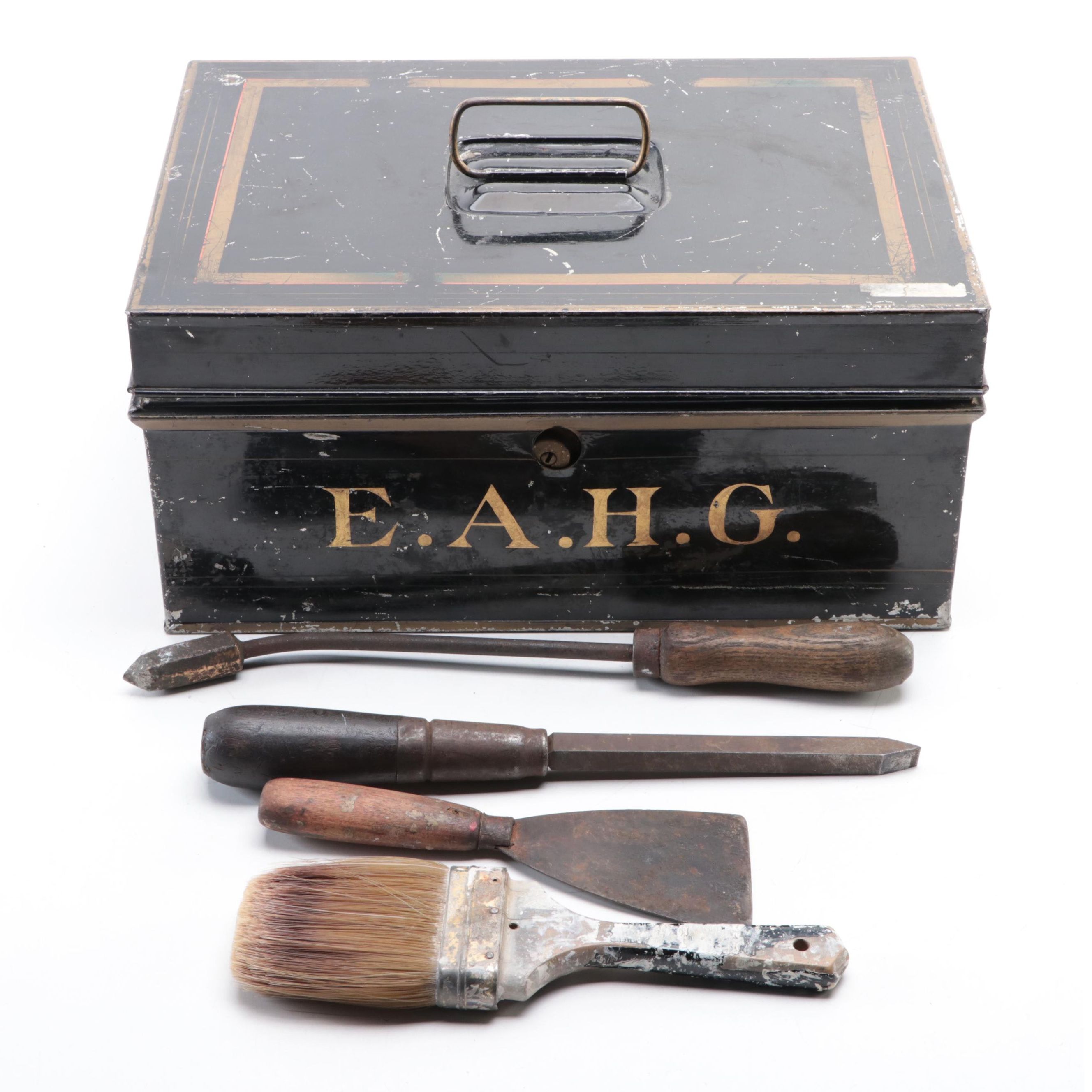 Victorian Toleware Document or Cash Box with Assorted Tools