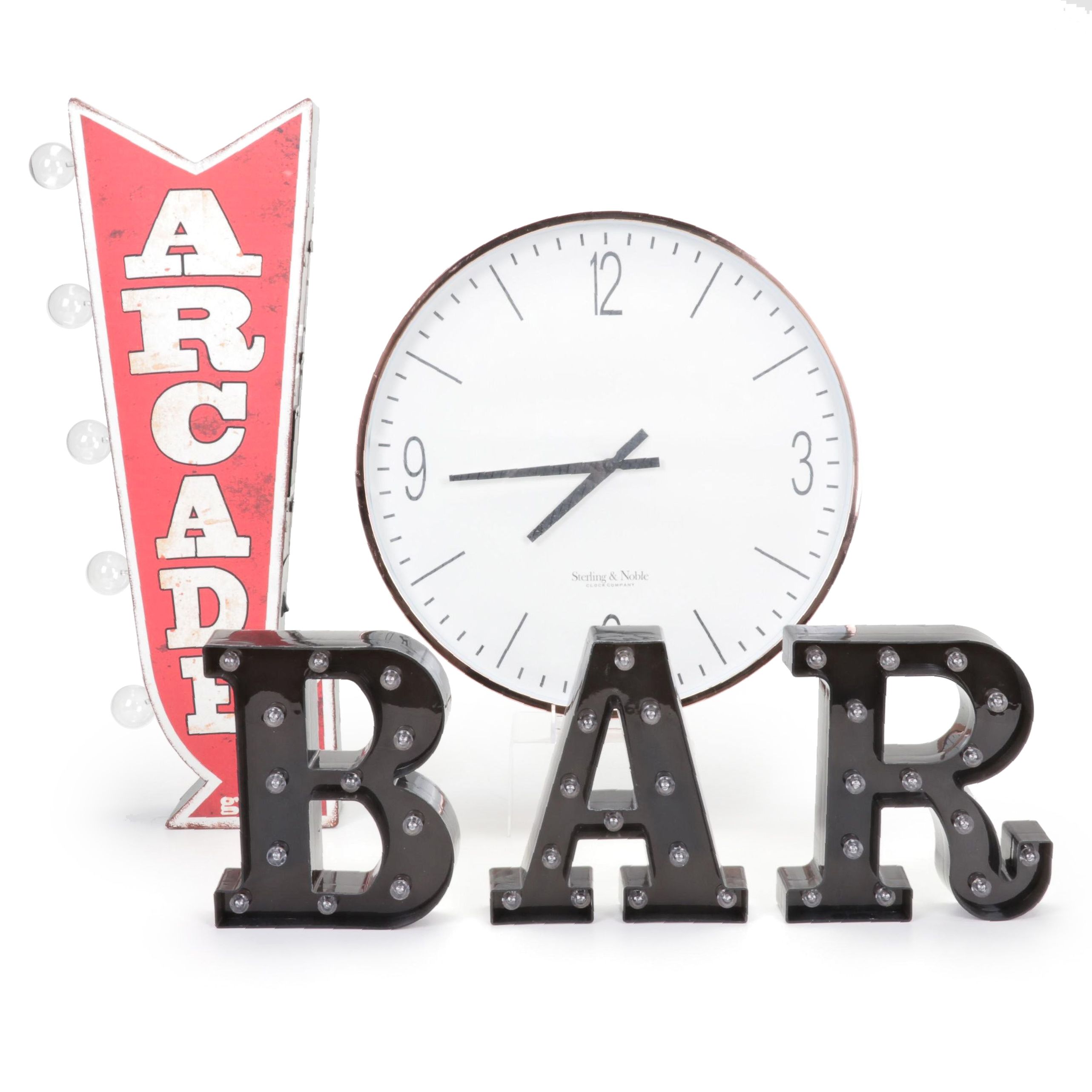 Sterling & Noble Wall Clock with Illuminated "Bar" and "Arcade" Signs