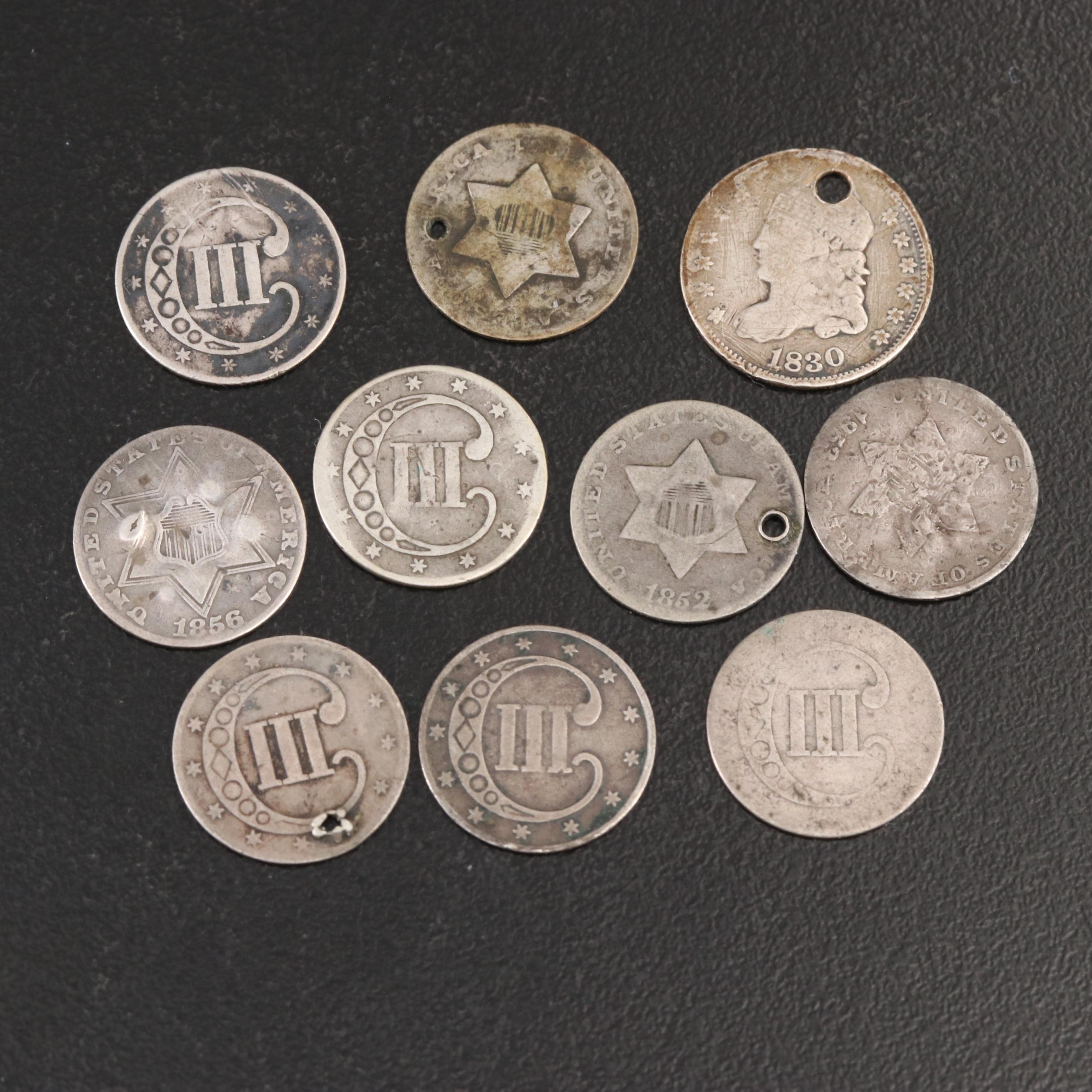 Ten American Silver Coins Including an 1830 Capped Bust Half Dime