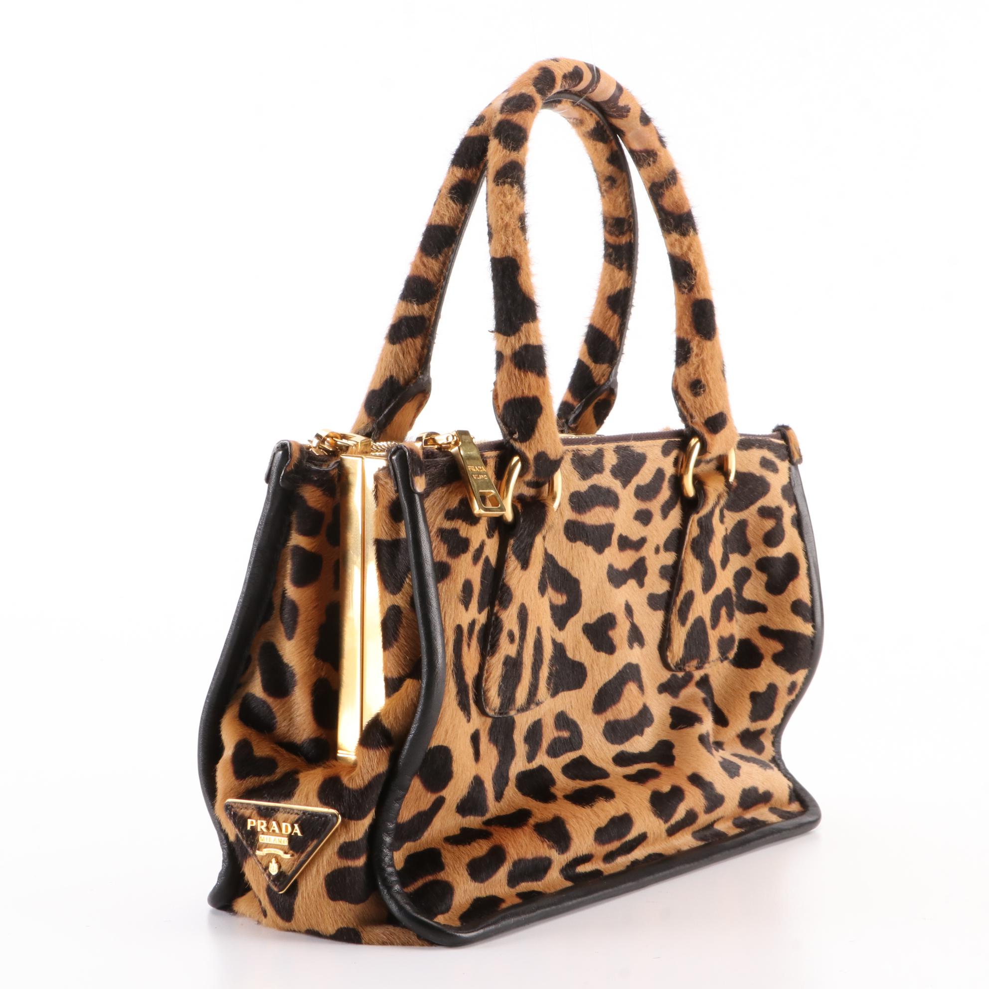 Prada Small Hard Frame Double-Zip Handbag in Leopard-Printed Calf Hair/Leather