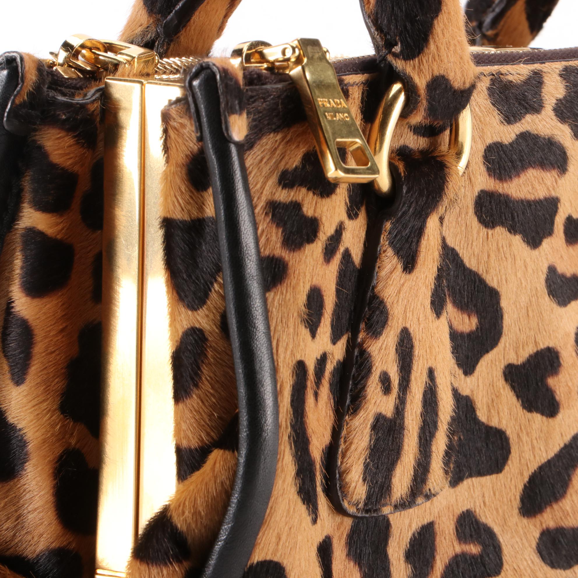 Prada Small Hard Frame Double-Zip Handbag in Leopard-Printed Calf Hair/Leather