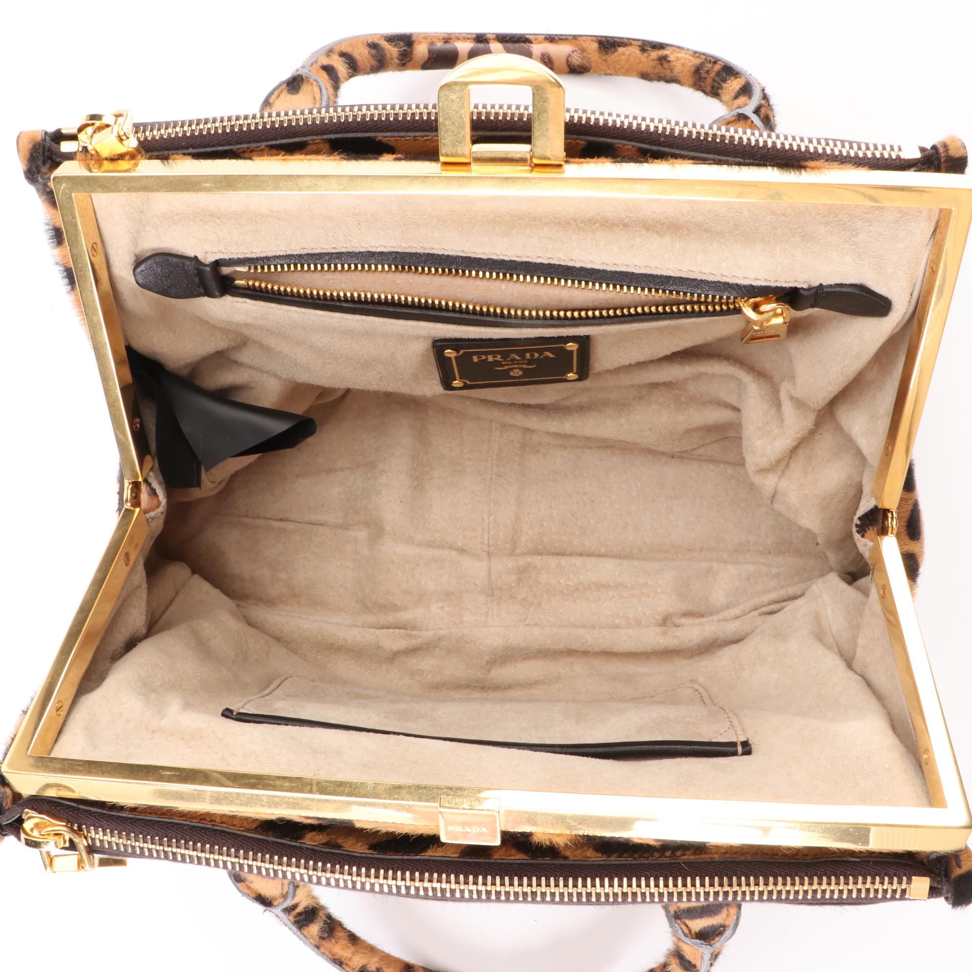 Prada Small Hard Frame Double-Zip Handbag in Leopard-Printed Calf Hair/Leather