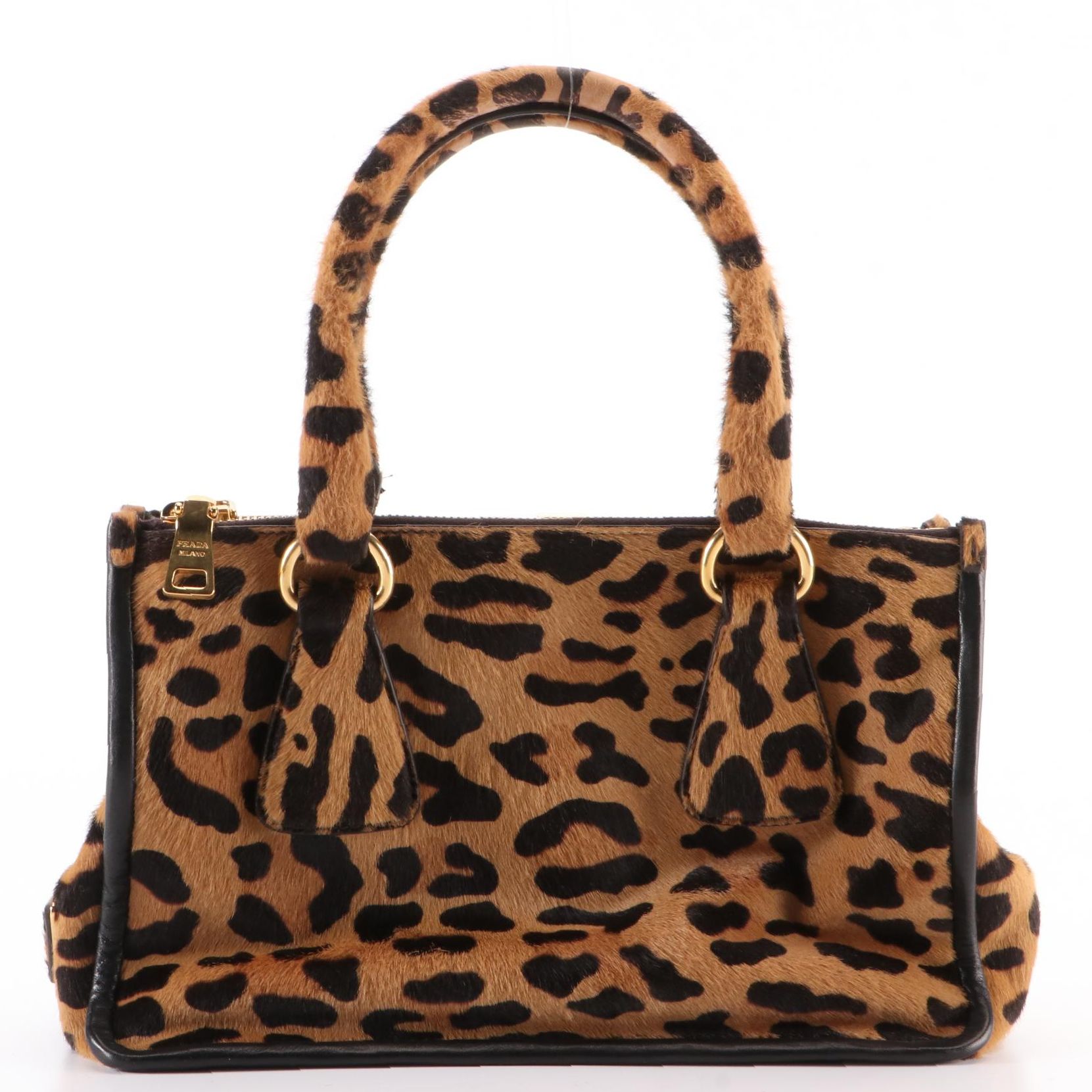 Prada Small Hard Frame Double-Zip Handbag in Leopard-Printed Calf Hair/Leather