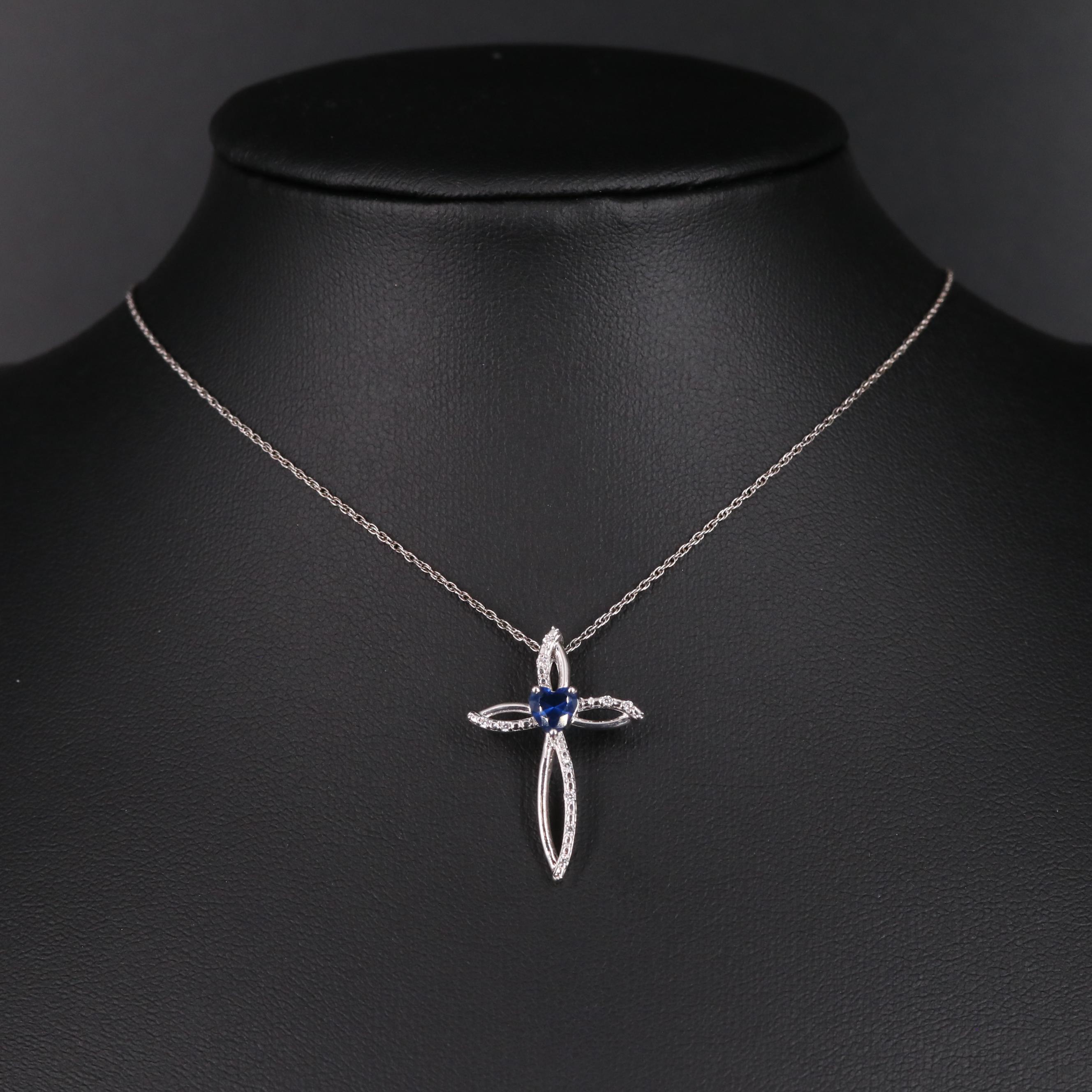 Sterling Silver Glass and Cubic Zirconia Cross Pendant Necklace