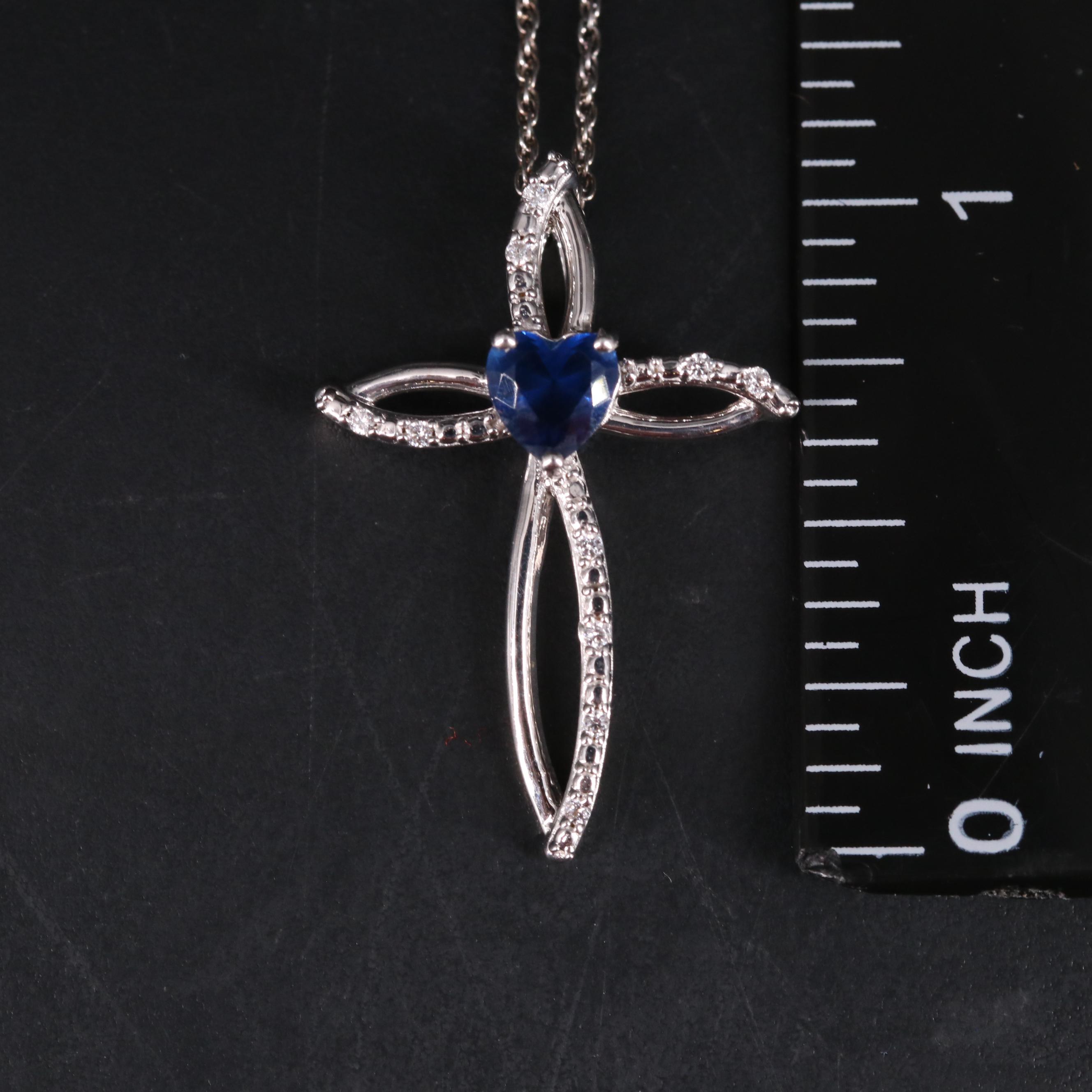 Sterling Silver Glass and Cubic Zirconia Cross Pendant Necklace