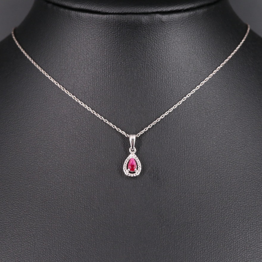 Sterling Silver Ruby and Diamond Pendant Necklace